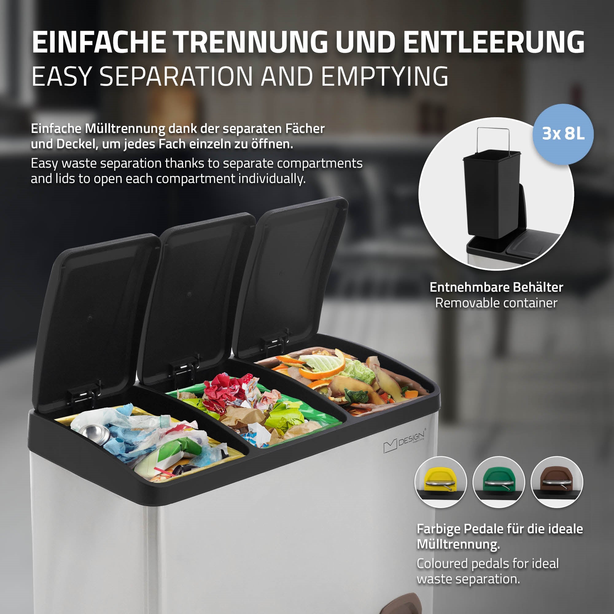 Ein Mülleimer mit drei Fächern zur Abfalltrennung und farbigen Pedalen.