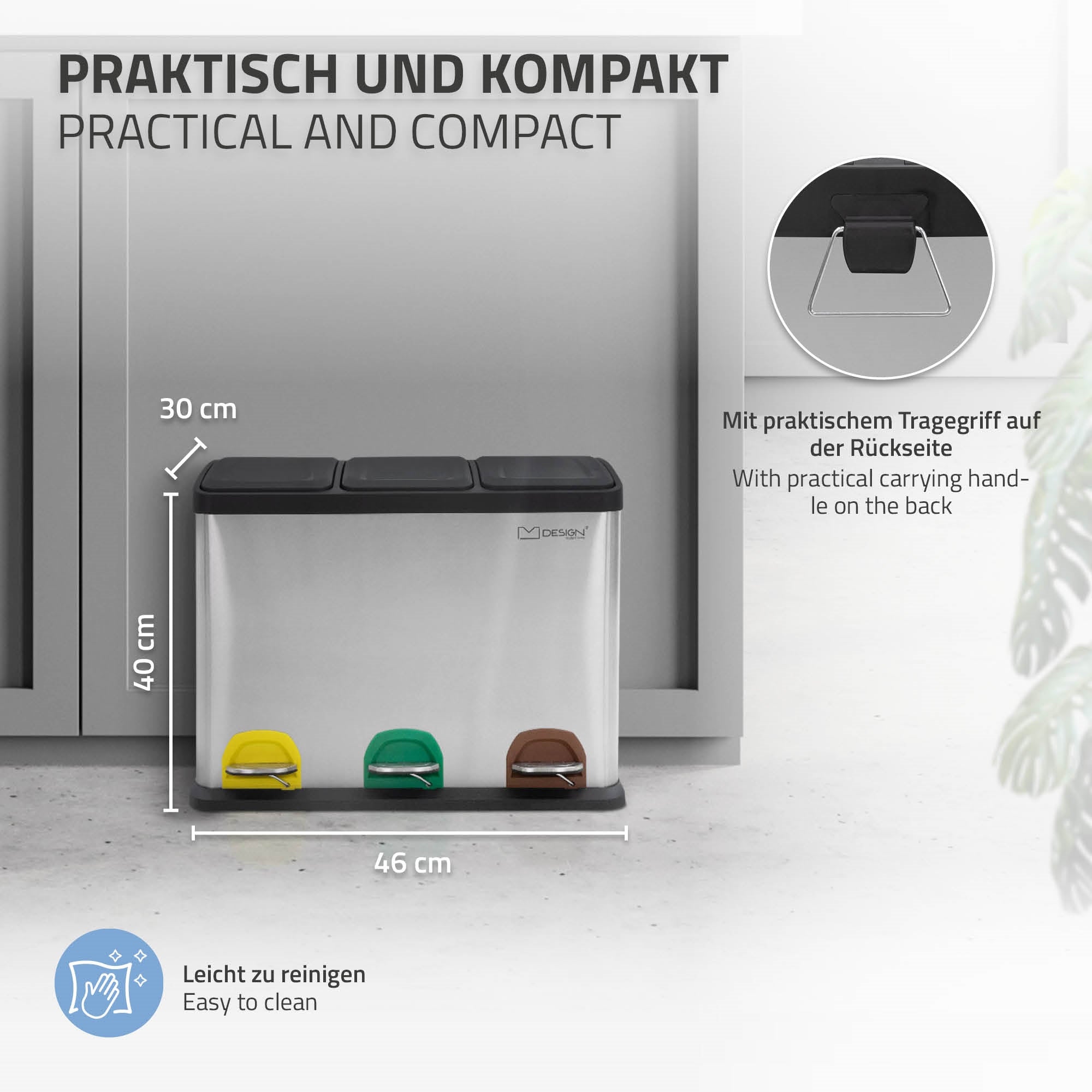 Mülltrennungssystem mit drei Fächern und Fußpedalen in einer modernen Küche.