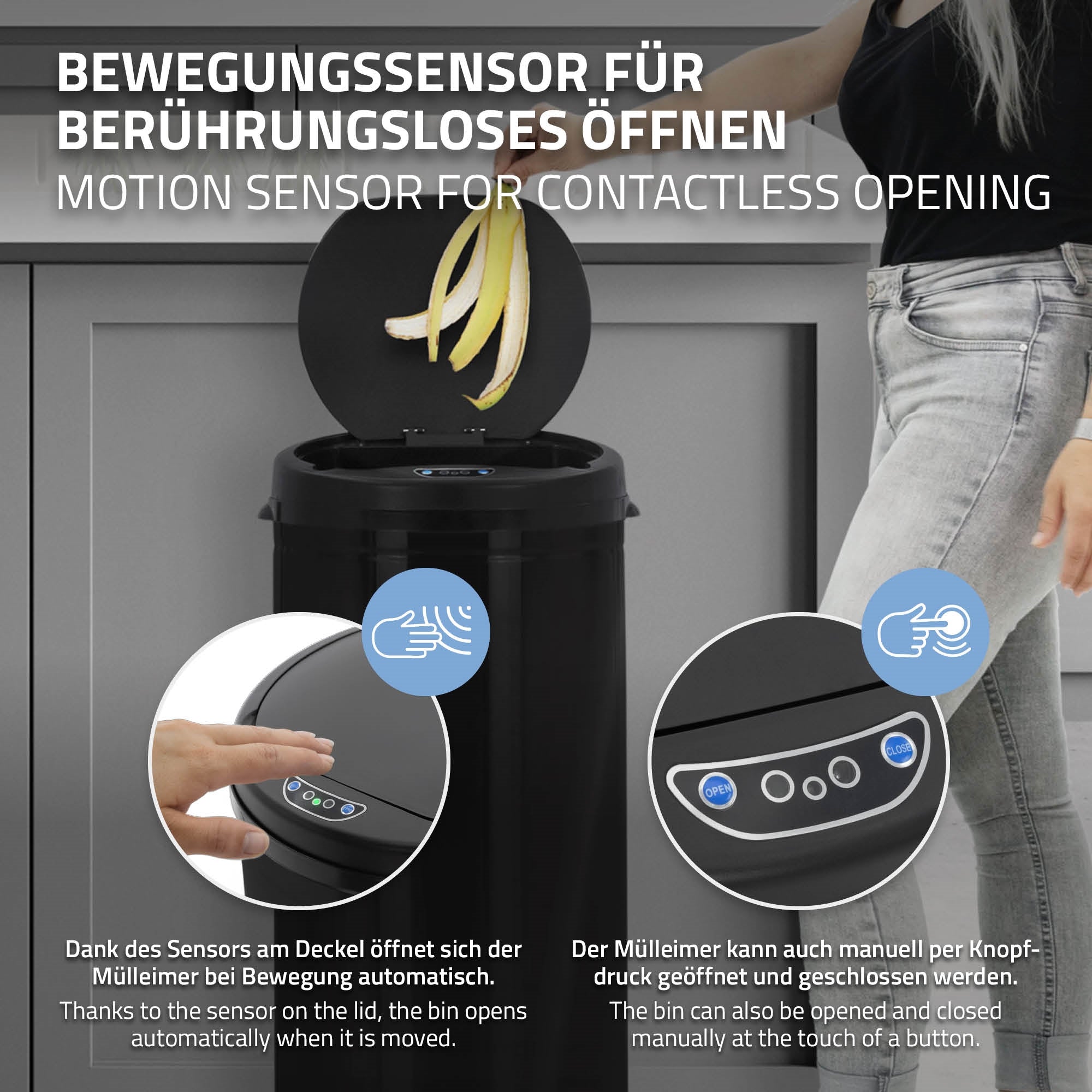 Mülleimer mit Bewegungssensor und geöffnetem Deckel.