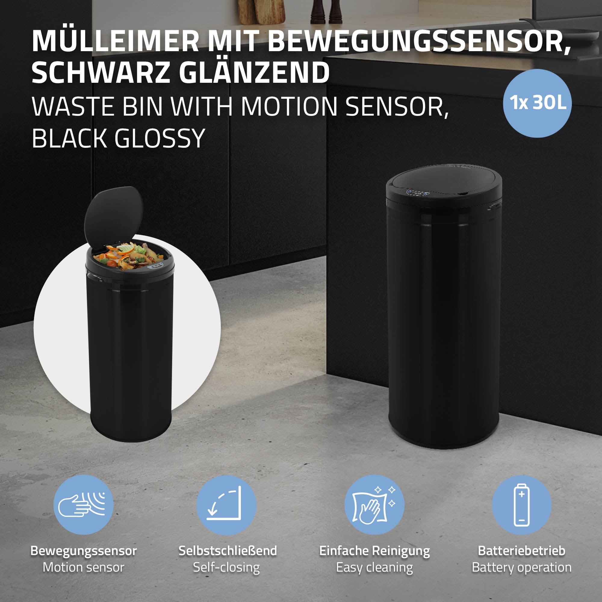 Mülleimer mit Bewegungssensor, glänzend schwarz, 30L Fassungsvermögen.