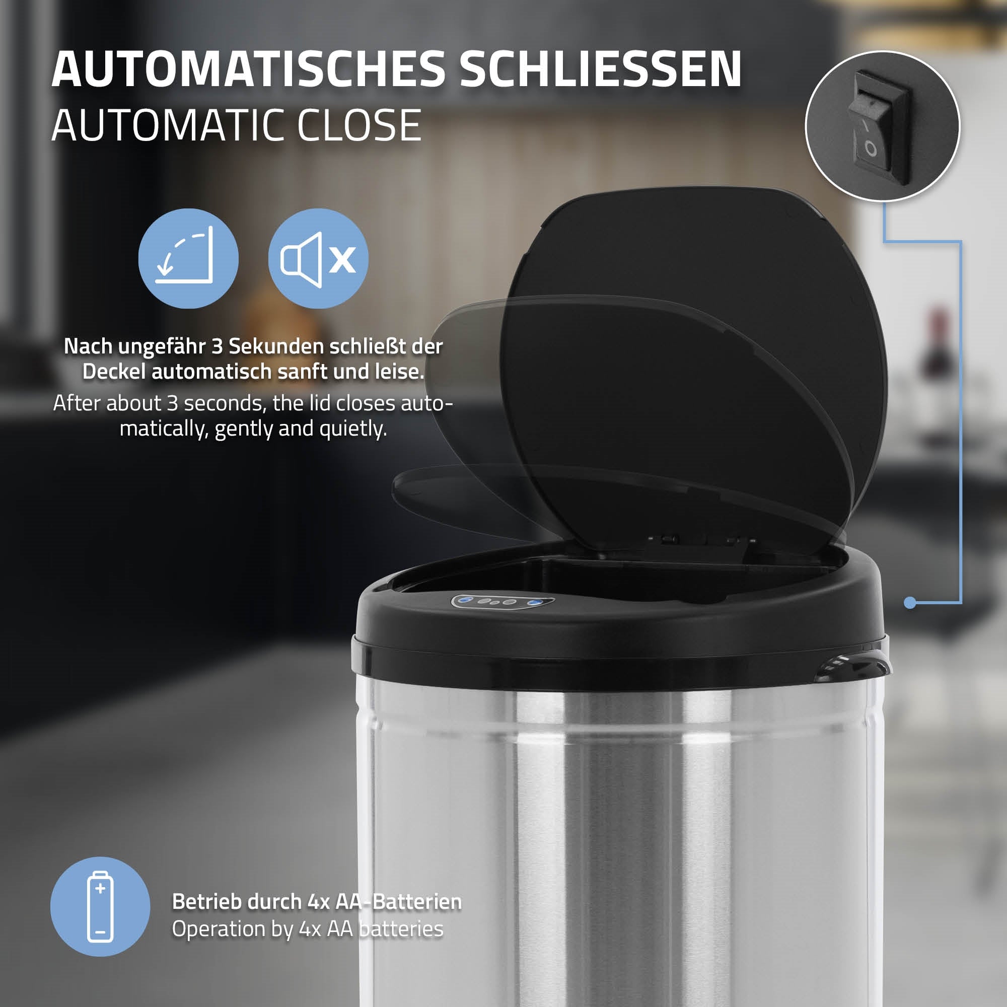 Mülleimer mit automatischem Deckel, auf einem grauen Hintergrund.