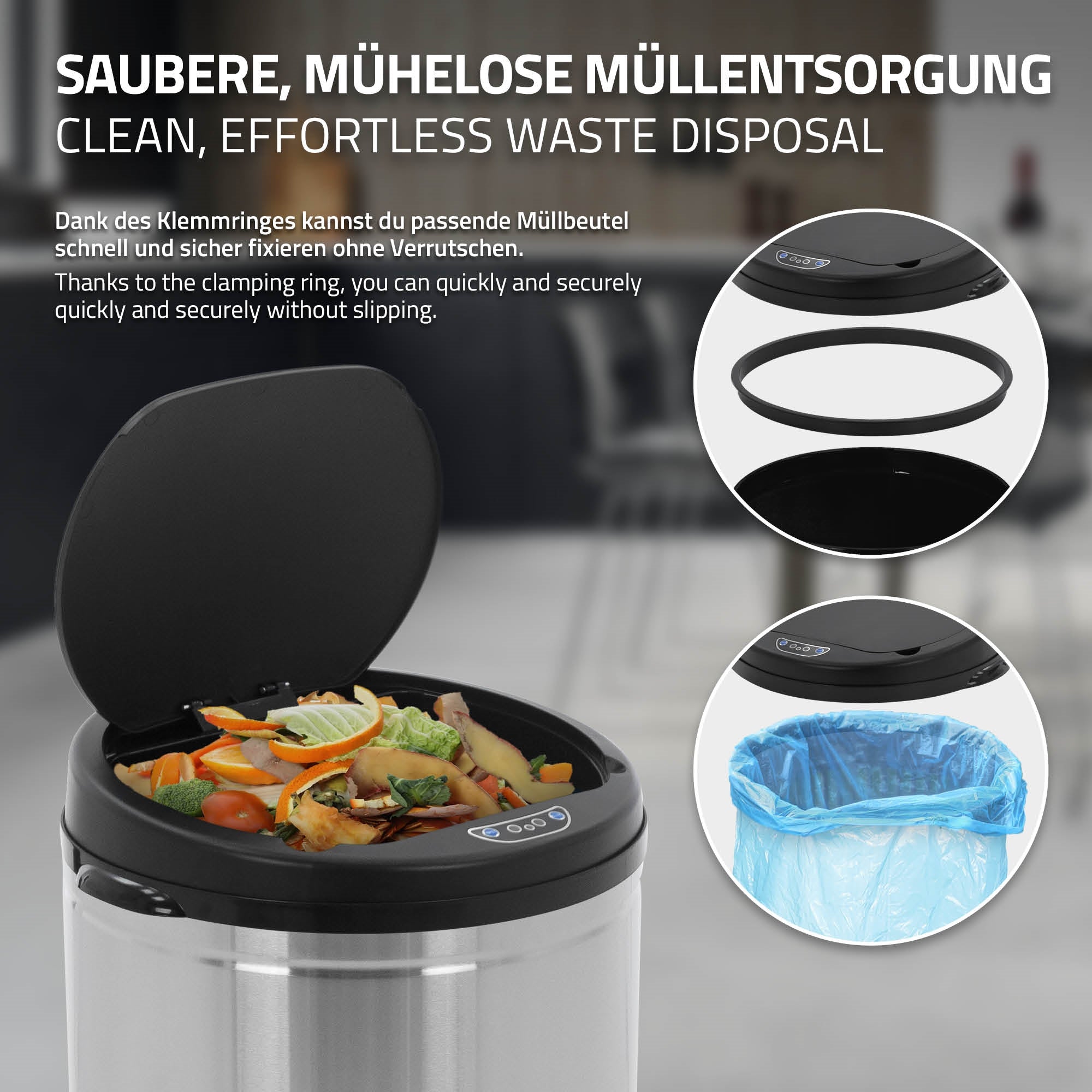 Müllbehälter mit Deckel und Klemmbereich für Mülltüten.