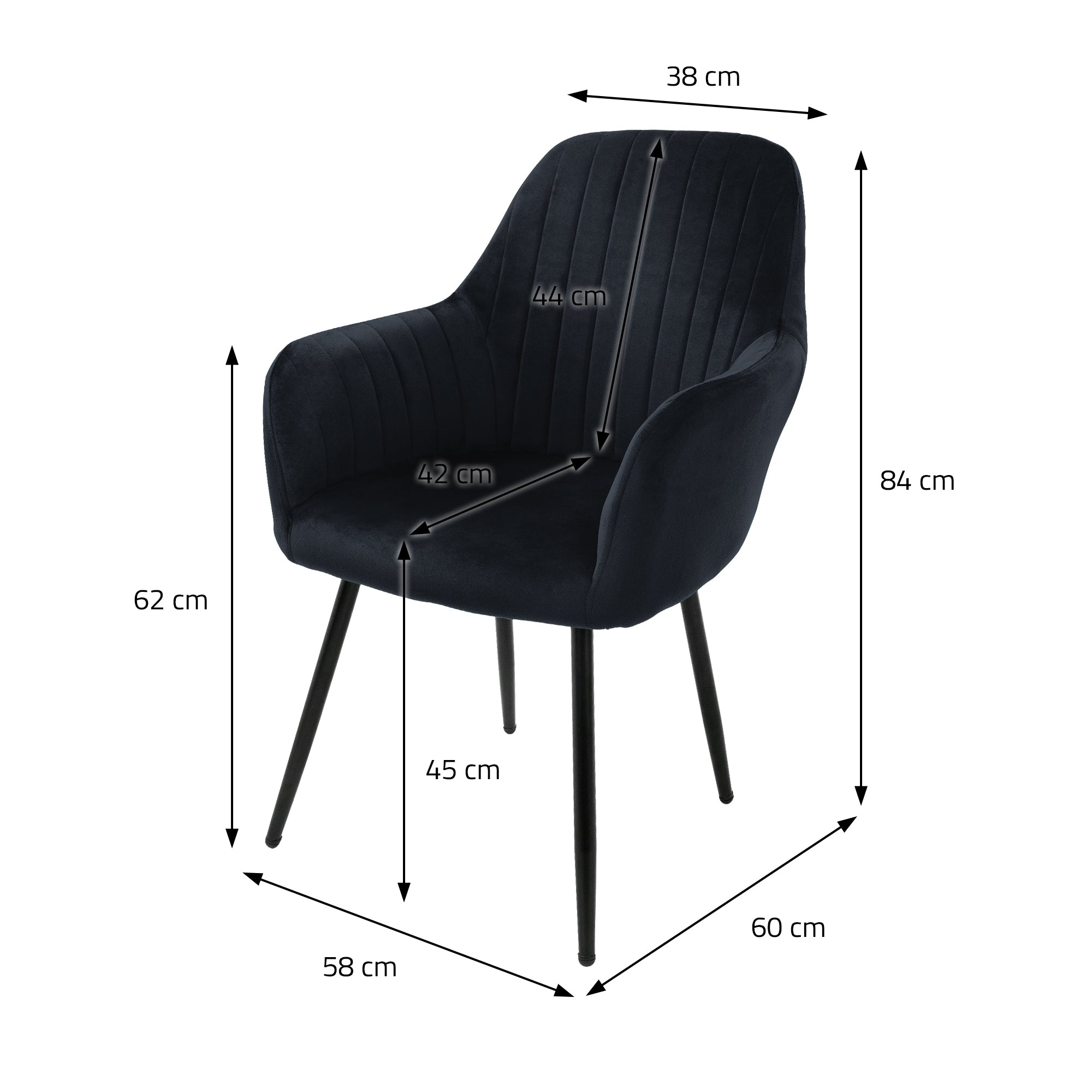 Illustration af en sort stol med mål angivet i cm.