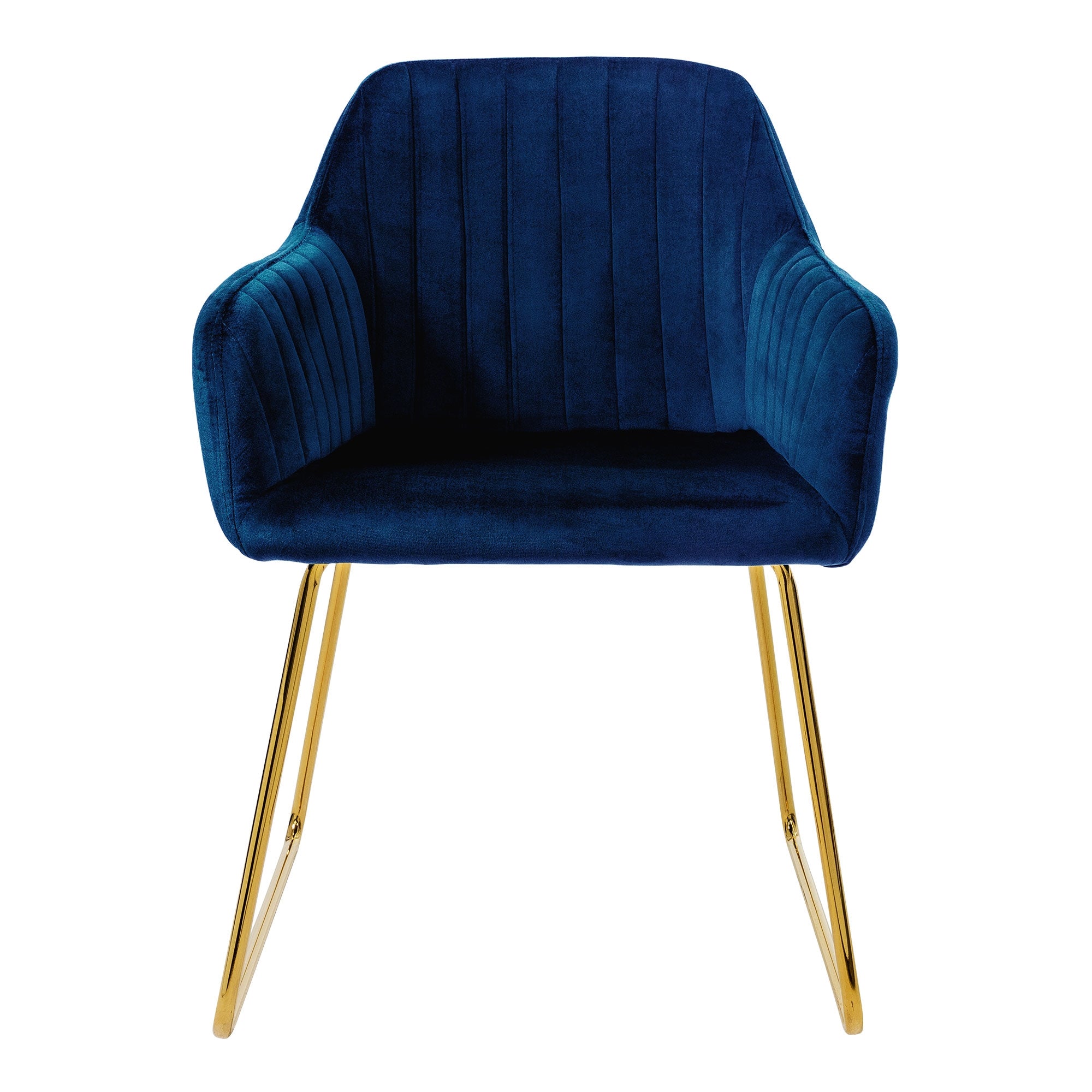 Blue armchair with padded armrests and golden legs.