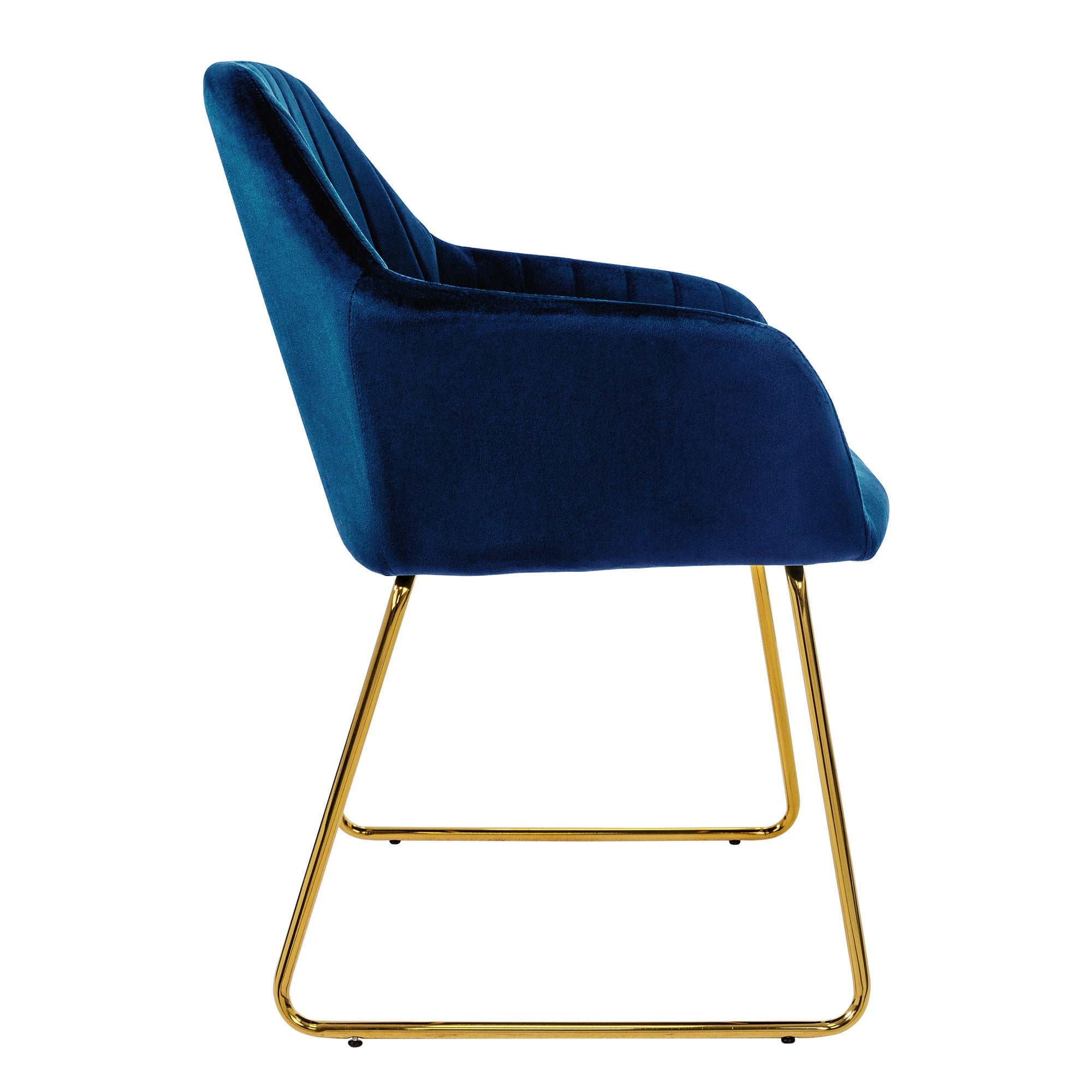 Chaise bleue avec un cadre doré, vue de côté.