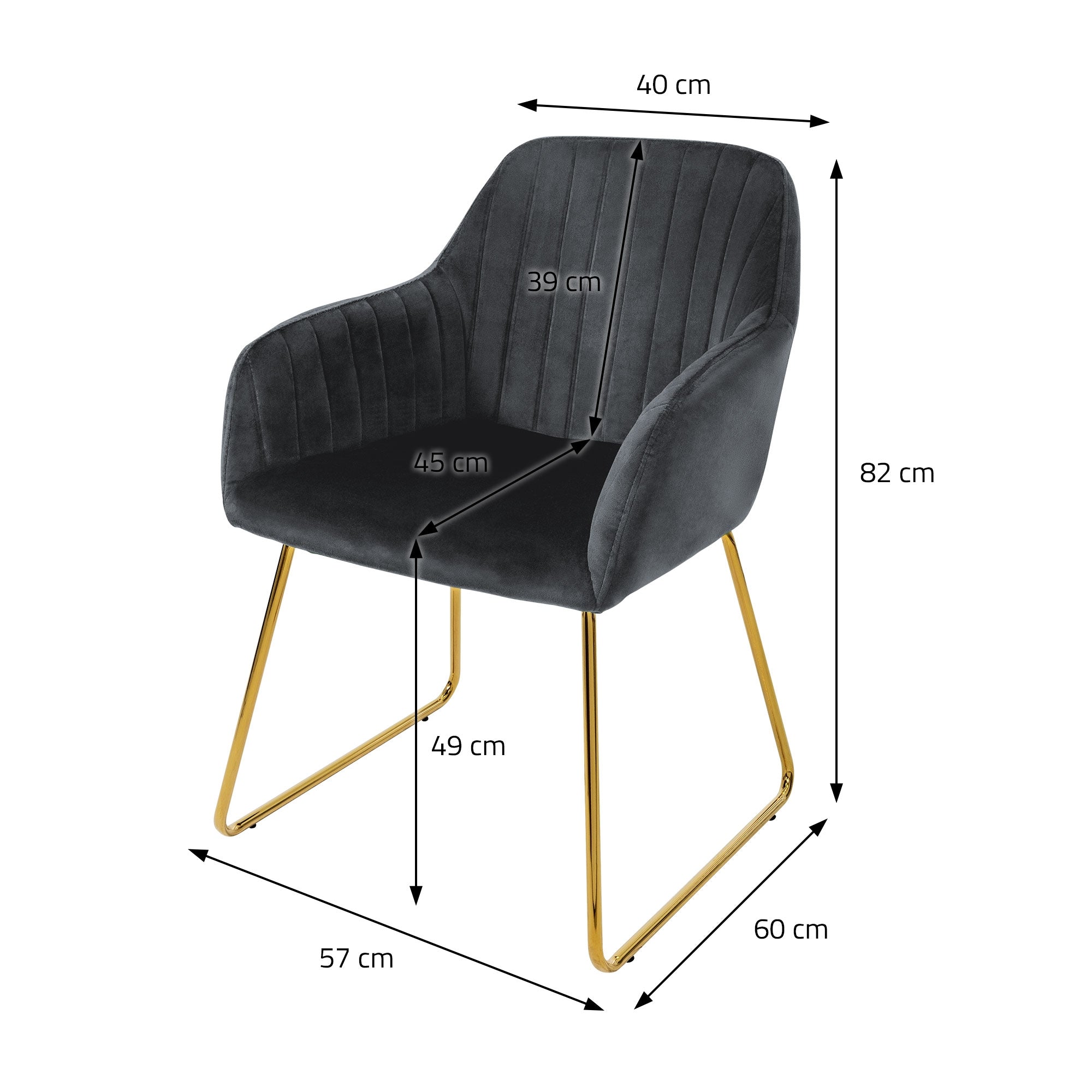 Tuoli mitat: korkeus 82 cm, leveys 60 cm, syvyys 57 cm.