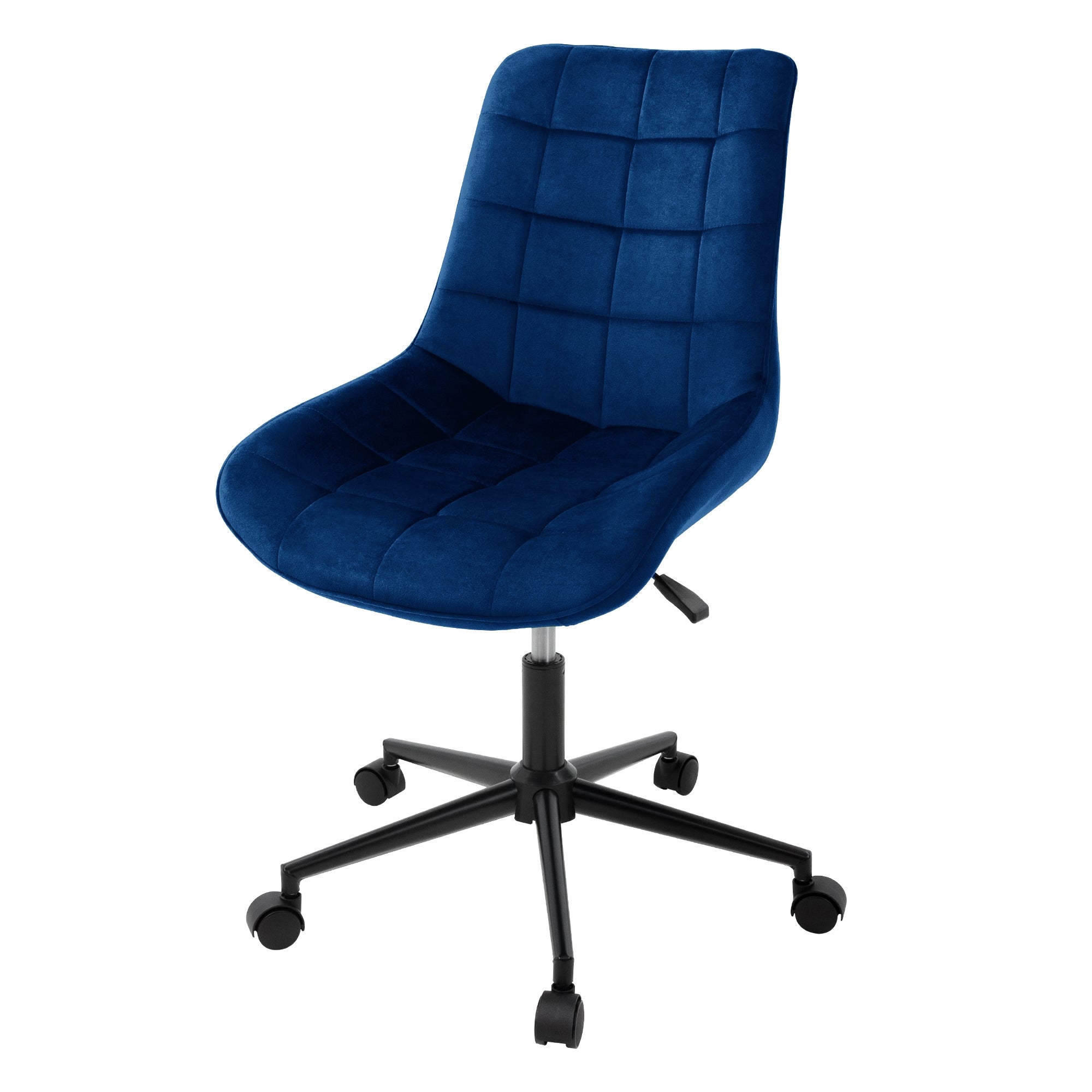 Silla de oficina azul con asiento acolchado y base negra.