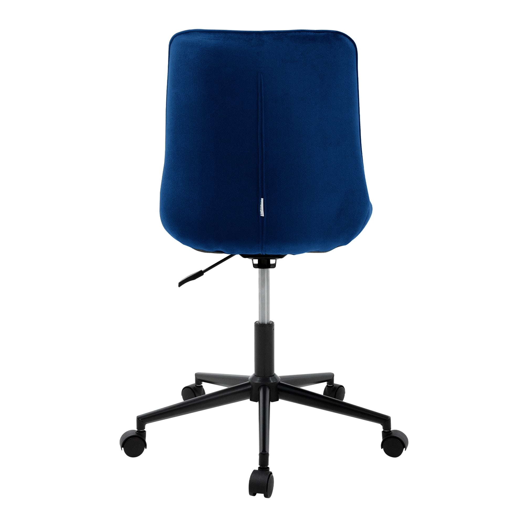 Silla giratoria vista desde atrás, con tapizado azul y estructura negra.