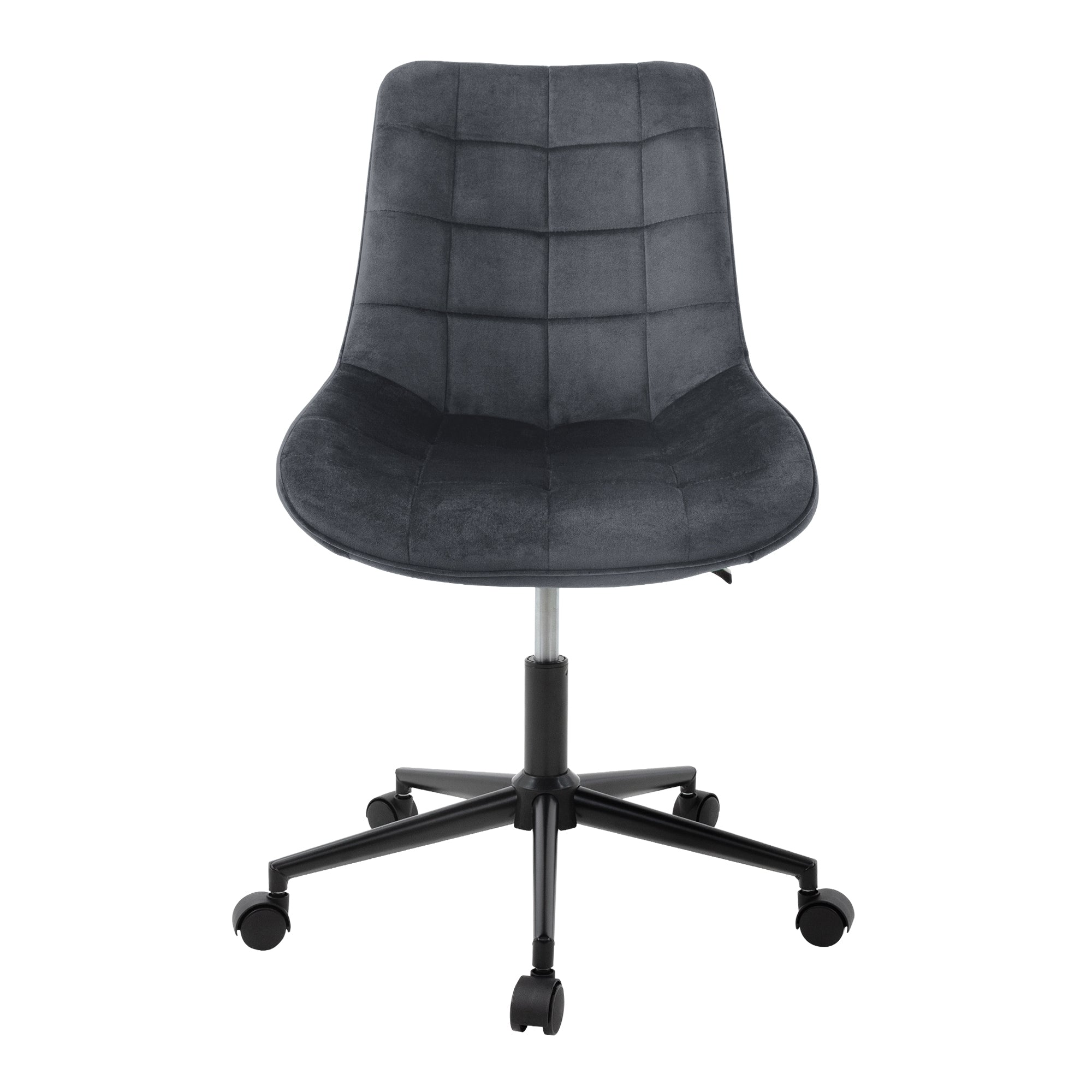 Silla giratoria con tapizado gris y base negra, sobre un fondo blanco.