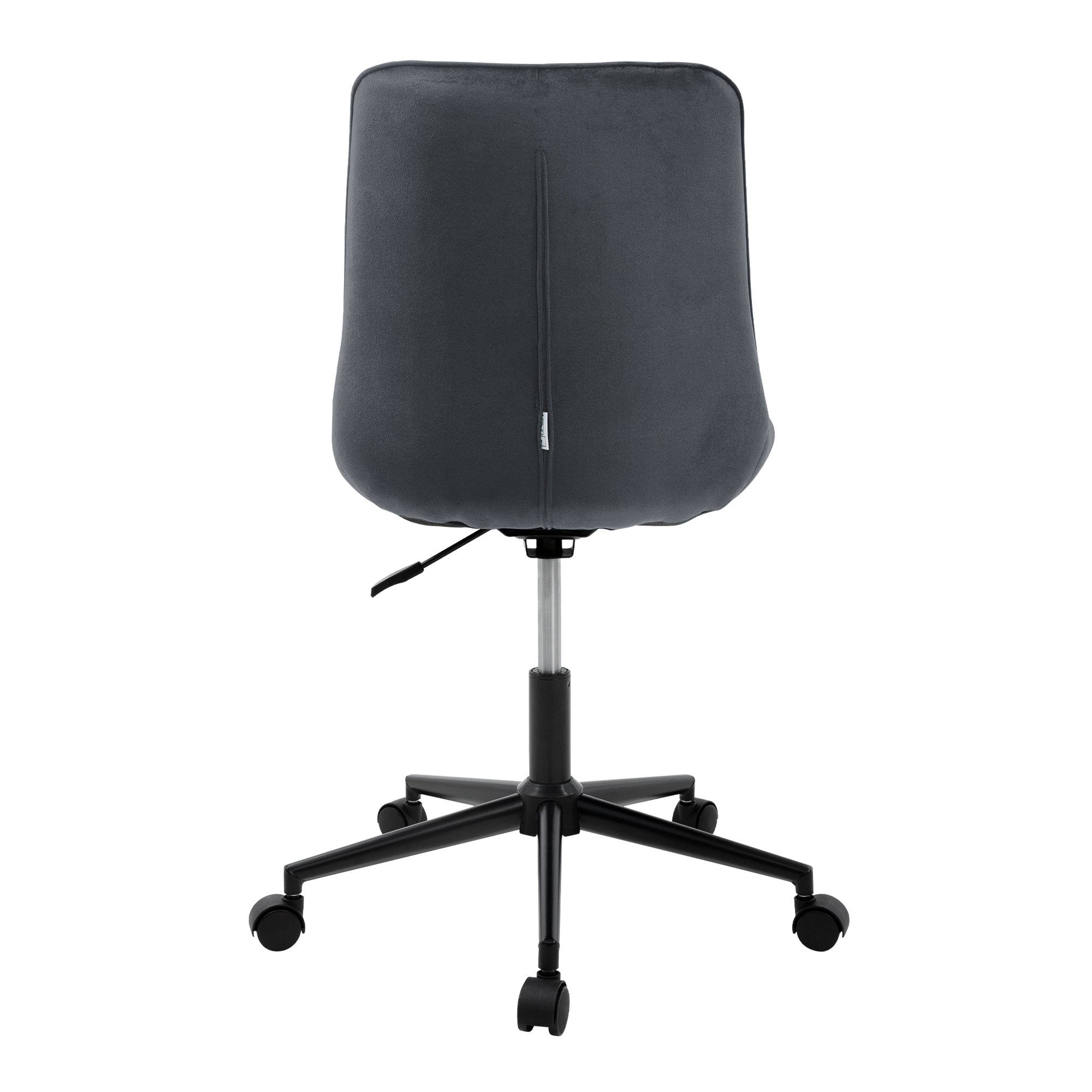 Vista trasera de una silla de oficina con estructura negra y tapizado gris.