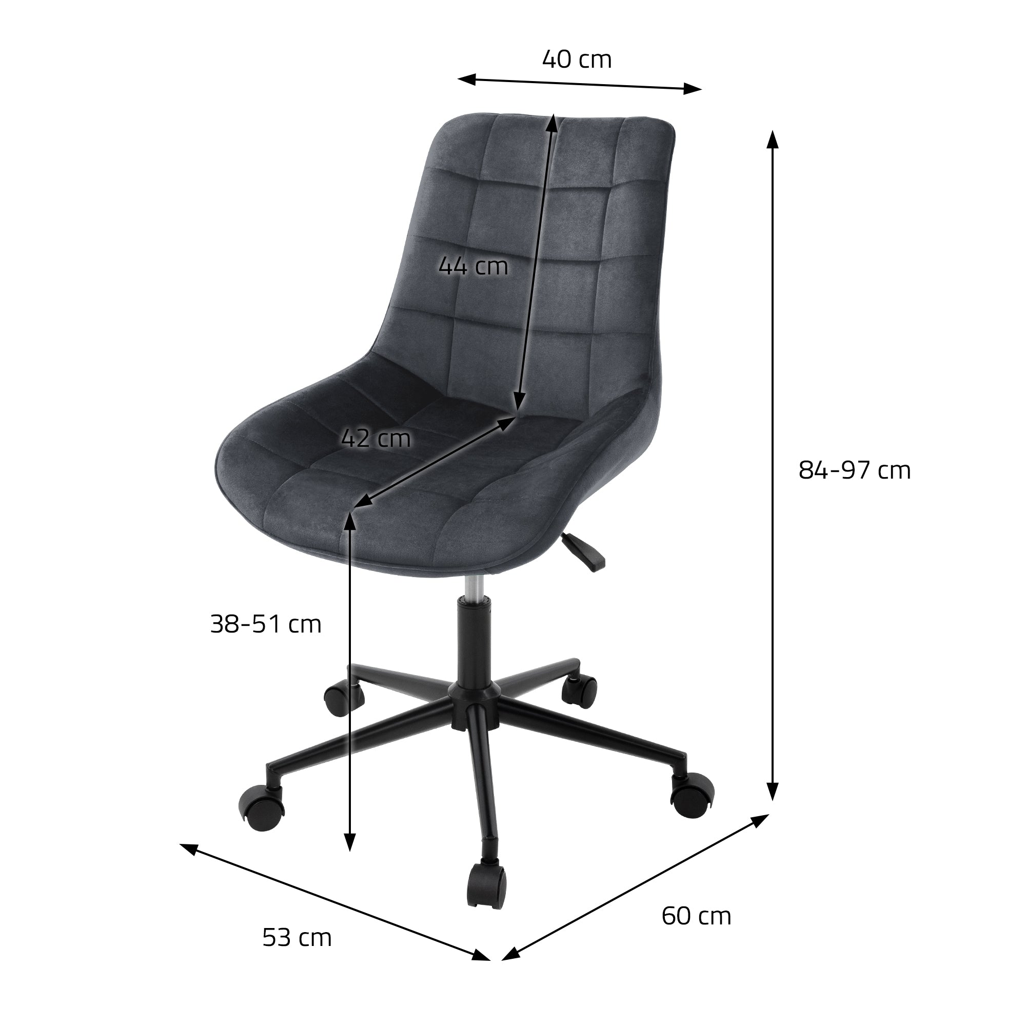 Dibujo técnico de una silla con dimensiones en centímetros.