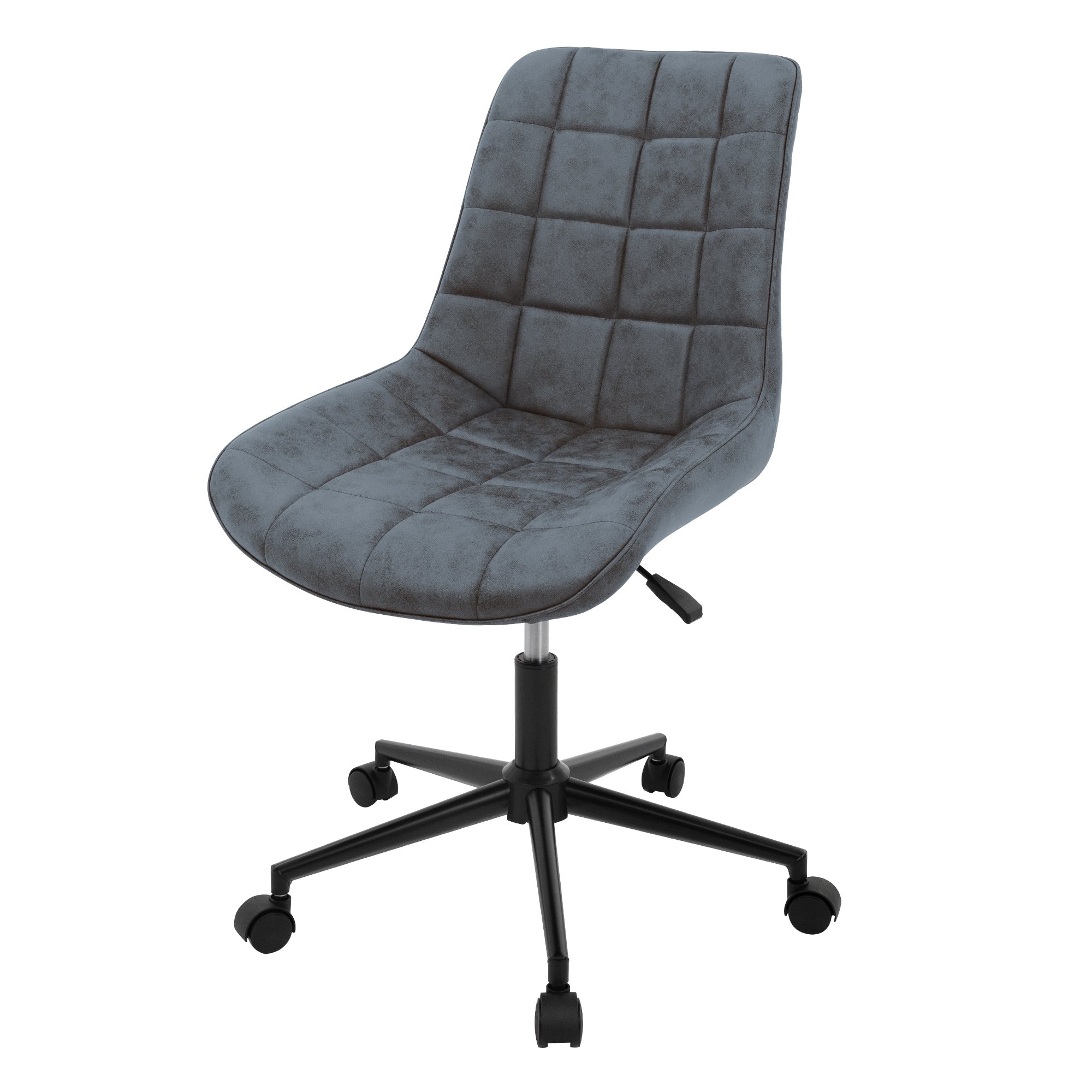 Ein grauer Bürostuhl mit Rollen und verstellbarem Sitz.