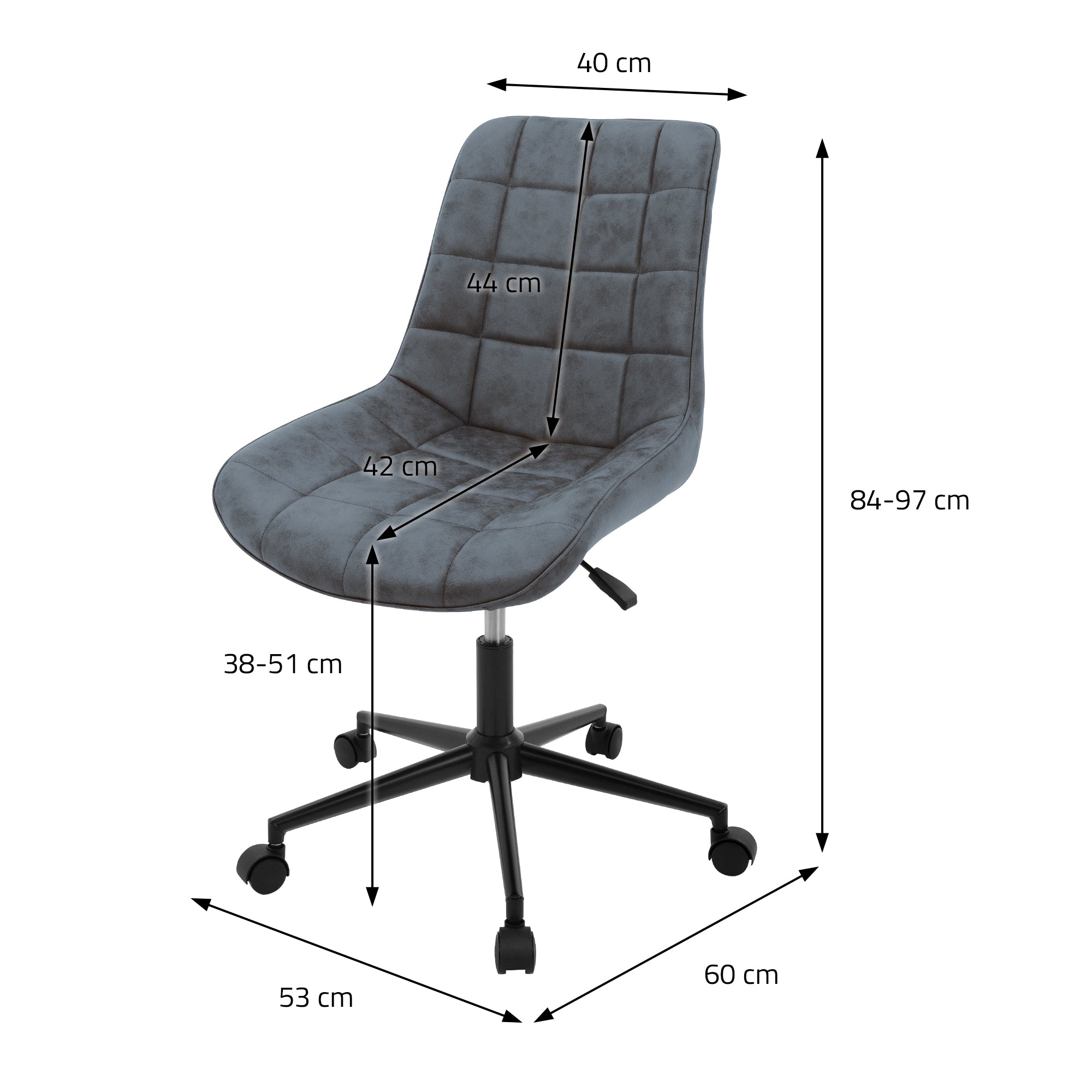Grau gefärbter Bürostuhl mit verstellbarer Höhe und Maßen: 40 cm Breite, 84-97 cm Höhe.