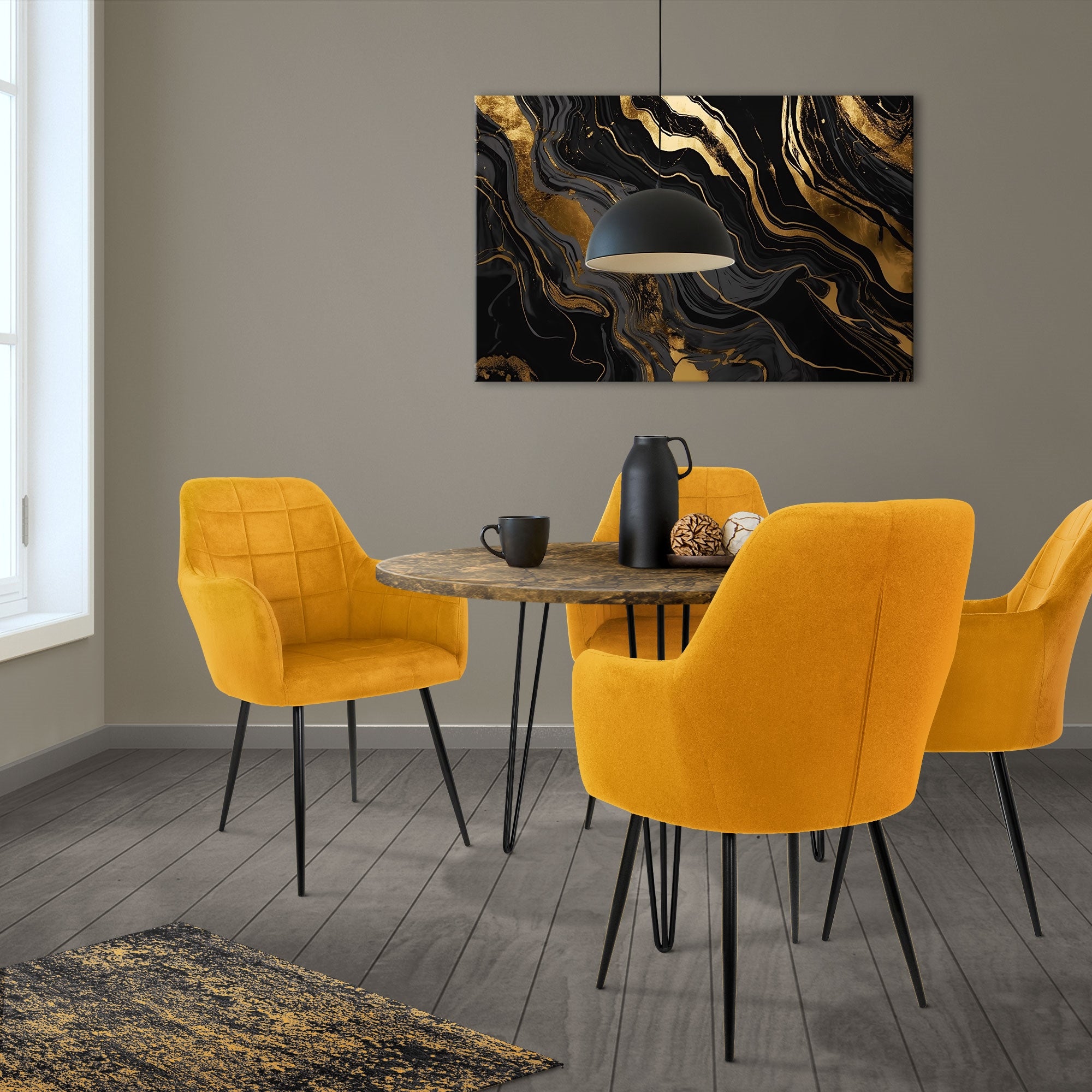 Espace repas avec quatre chaises jaunes, table ronde et fresque dans une pièce moderne.