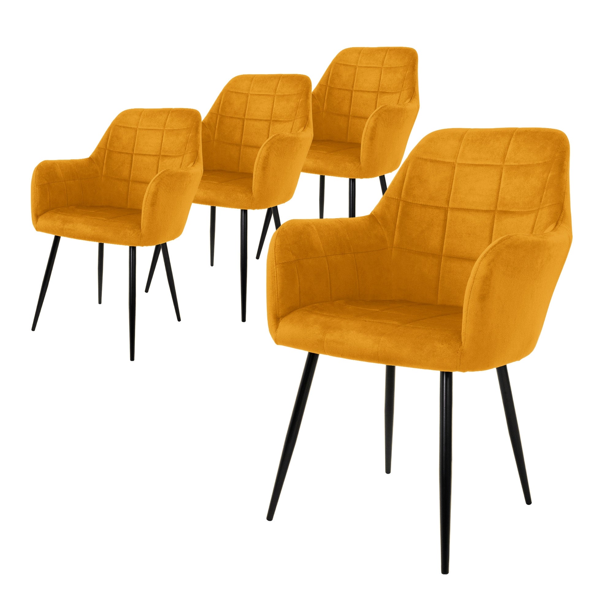 Four yellow chairs with black legs, in a row.
