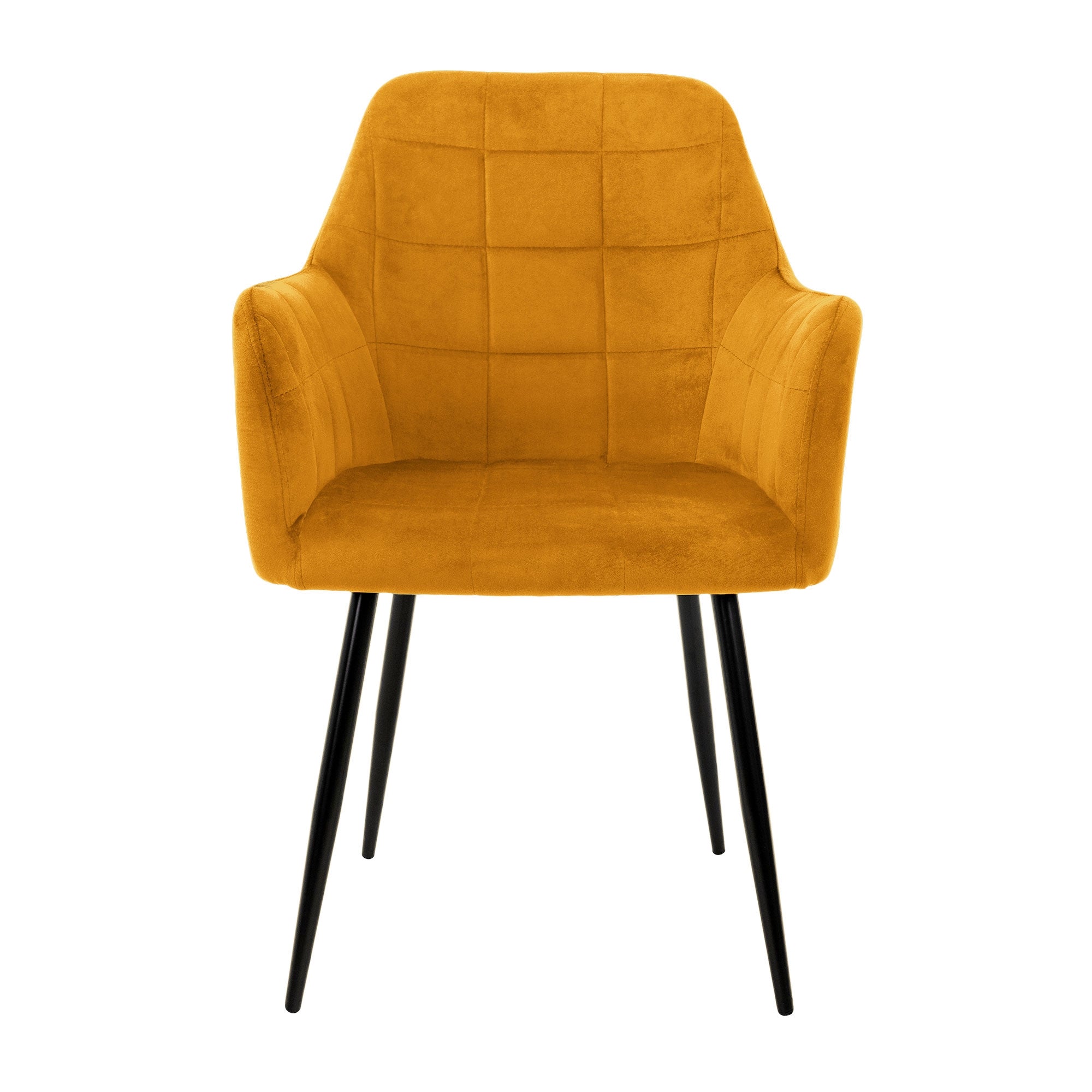 A yellow chair with padded seat and black legs.