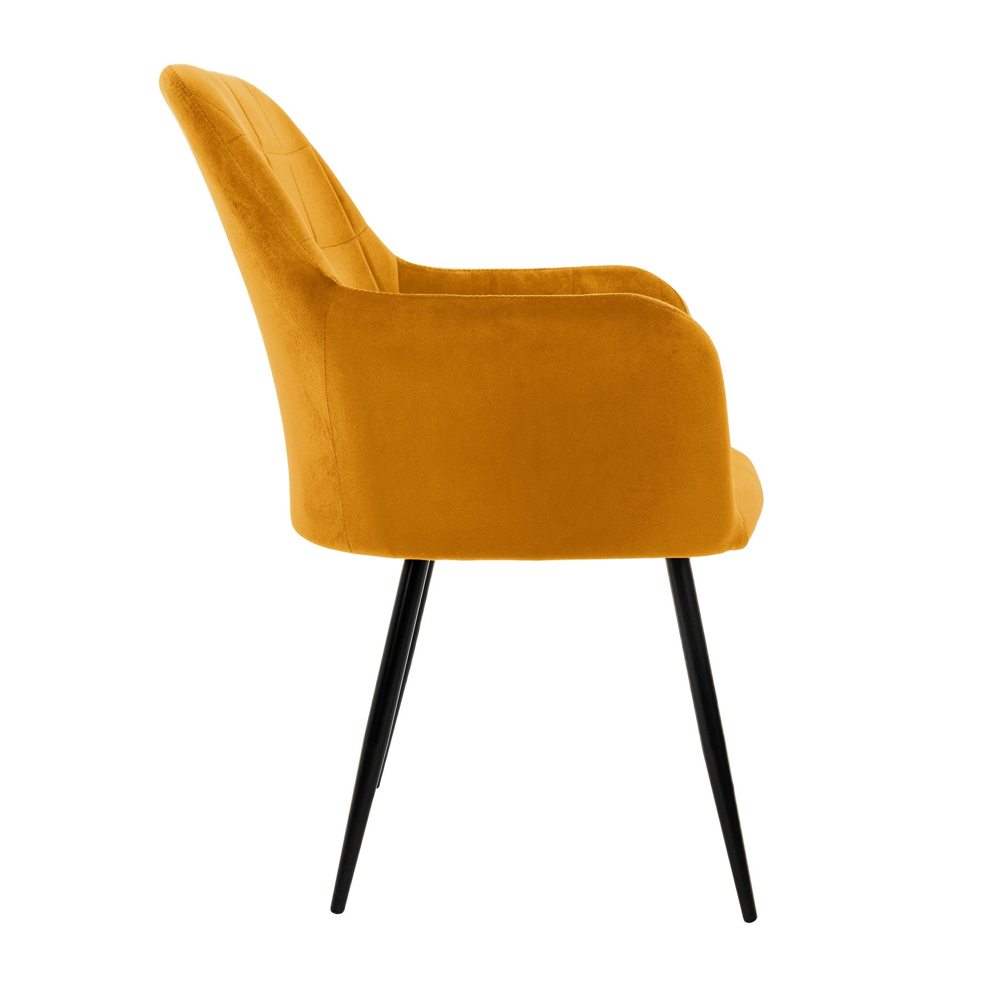 Une chaise jaune avec accoudoirs vue de côté.