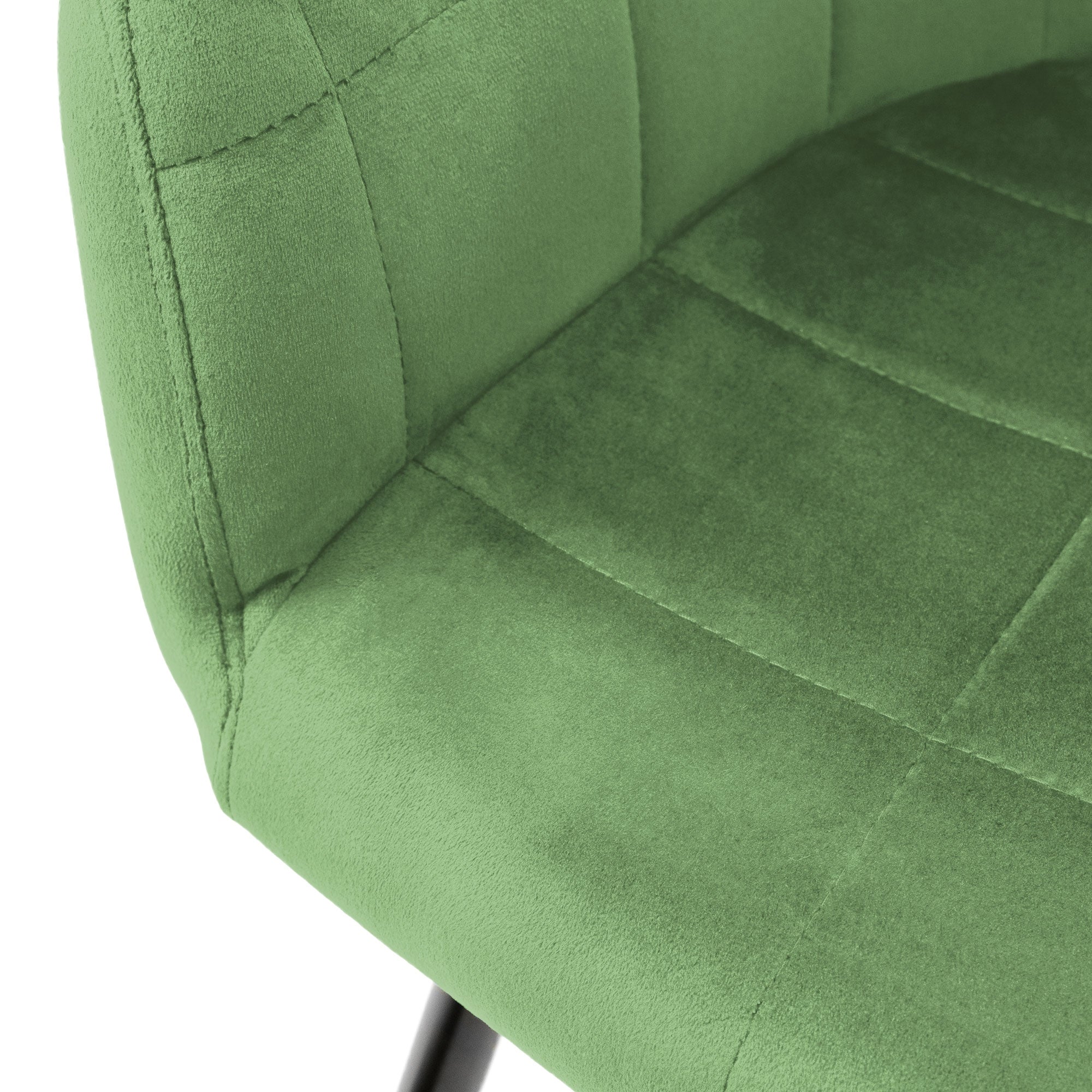 Close-up of a green chair with padded seat and backrest.