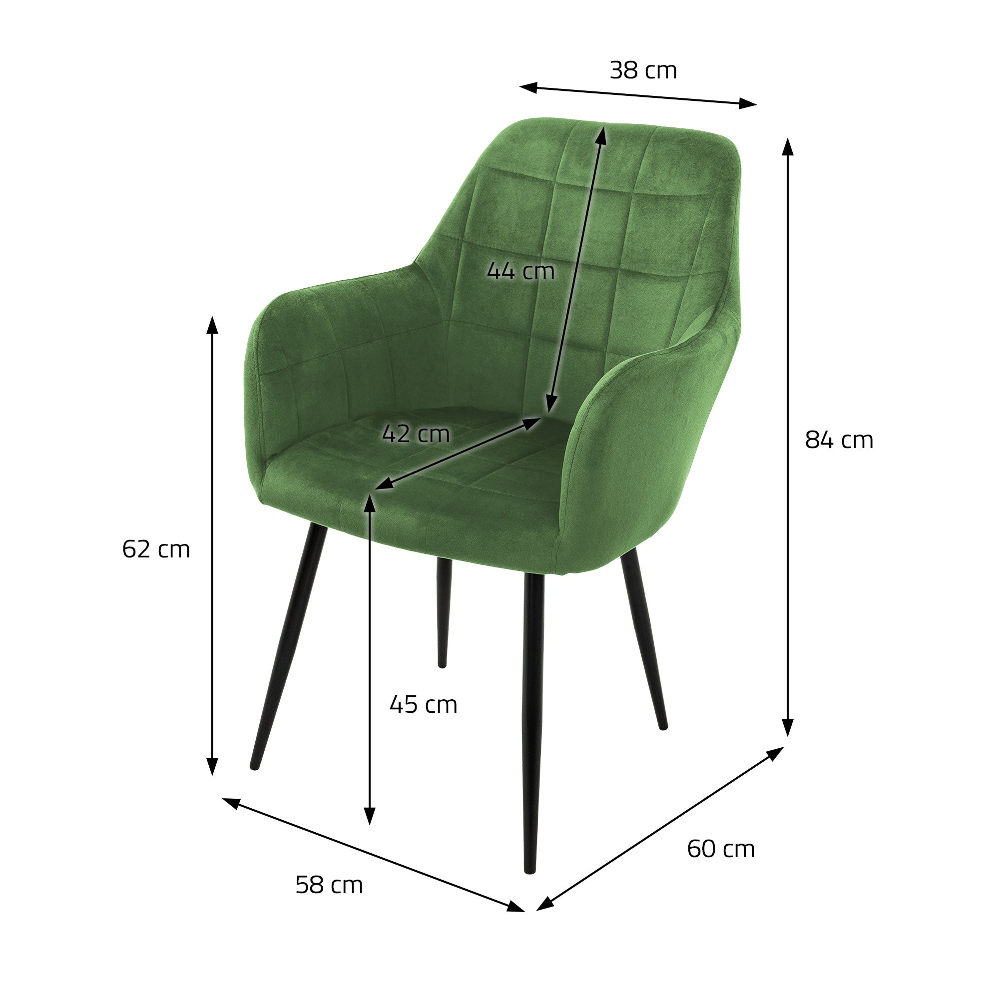 Green chair with dimensions: 38 cm width, 84 cm height, 60 cm depth.