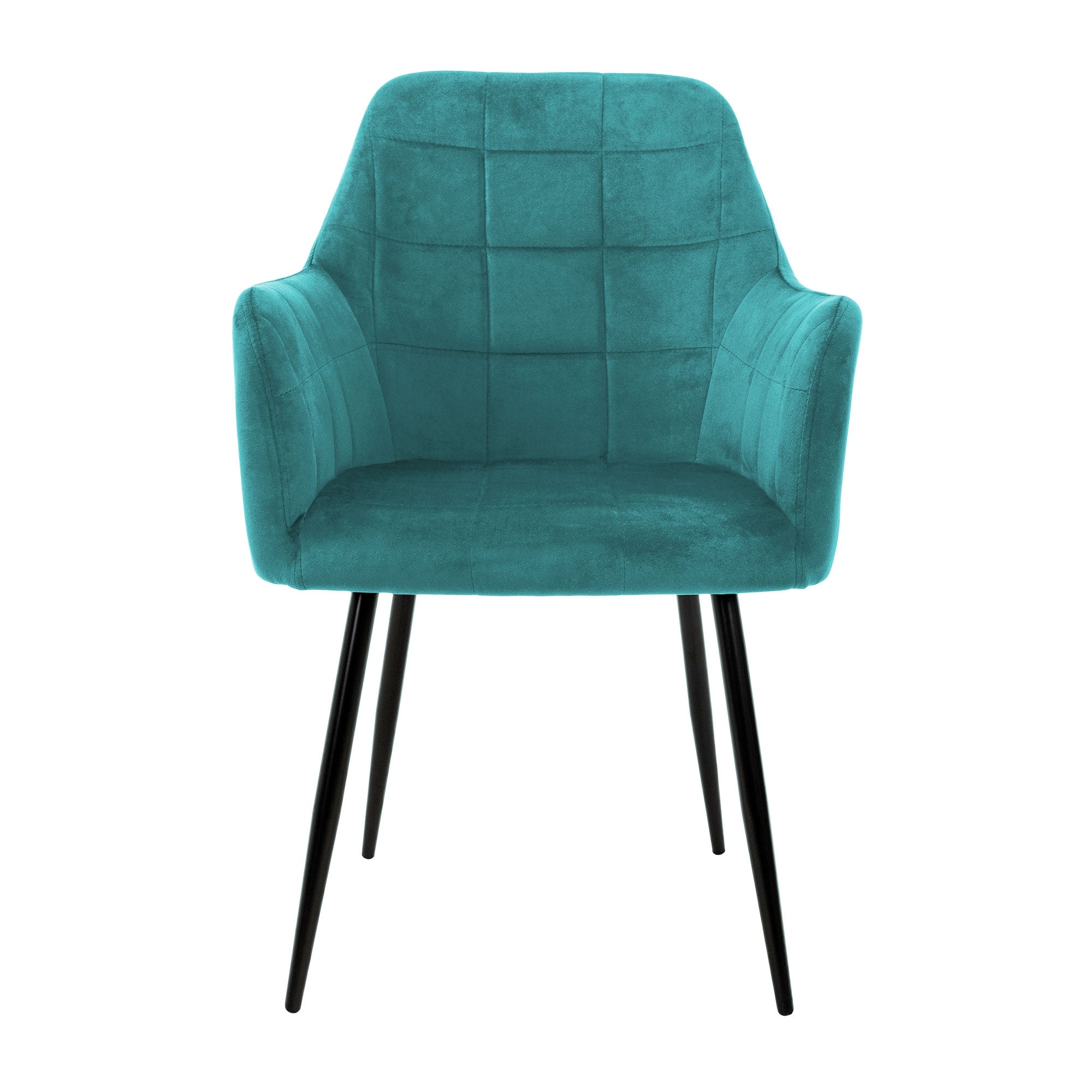 Turquoise chair with armrests and black frame against a white background.