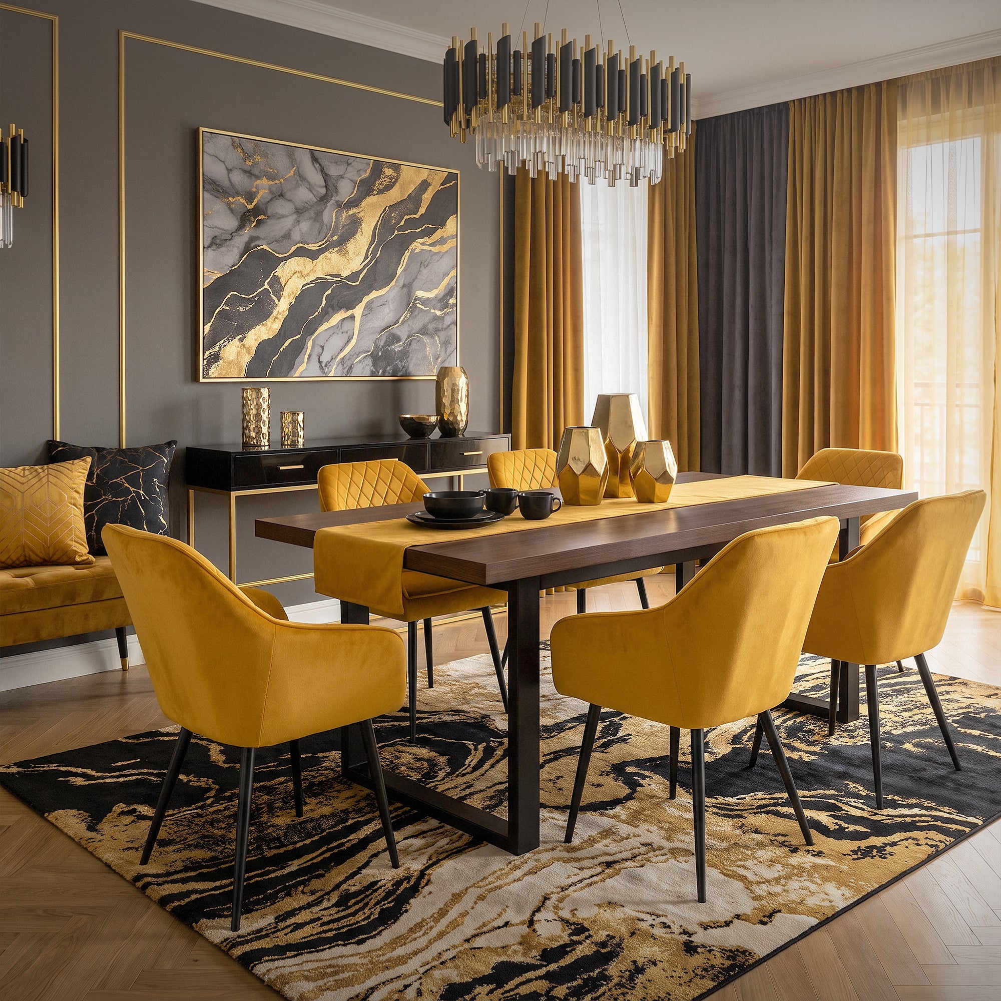 Elegantes Esszimmer mit gelben Stühlen um einen Holztisch.