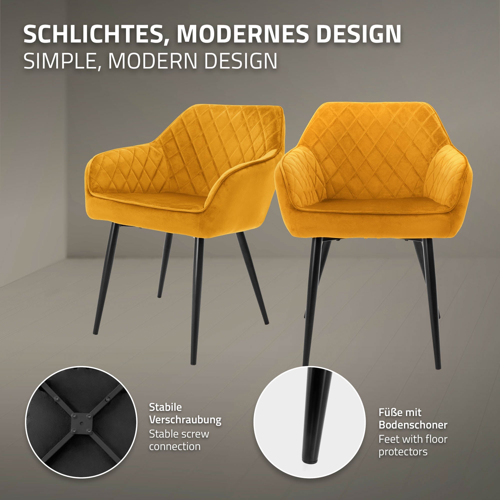 To gule stole med moderne design og stabile ben på en grå baggrund.