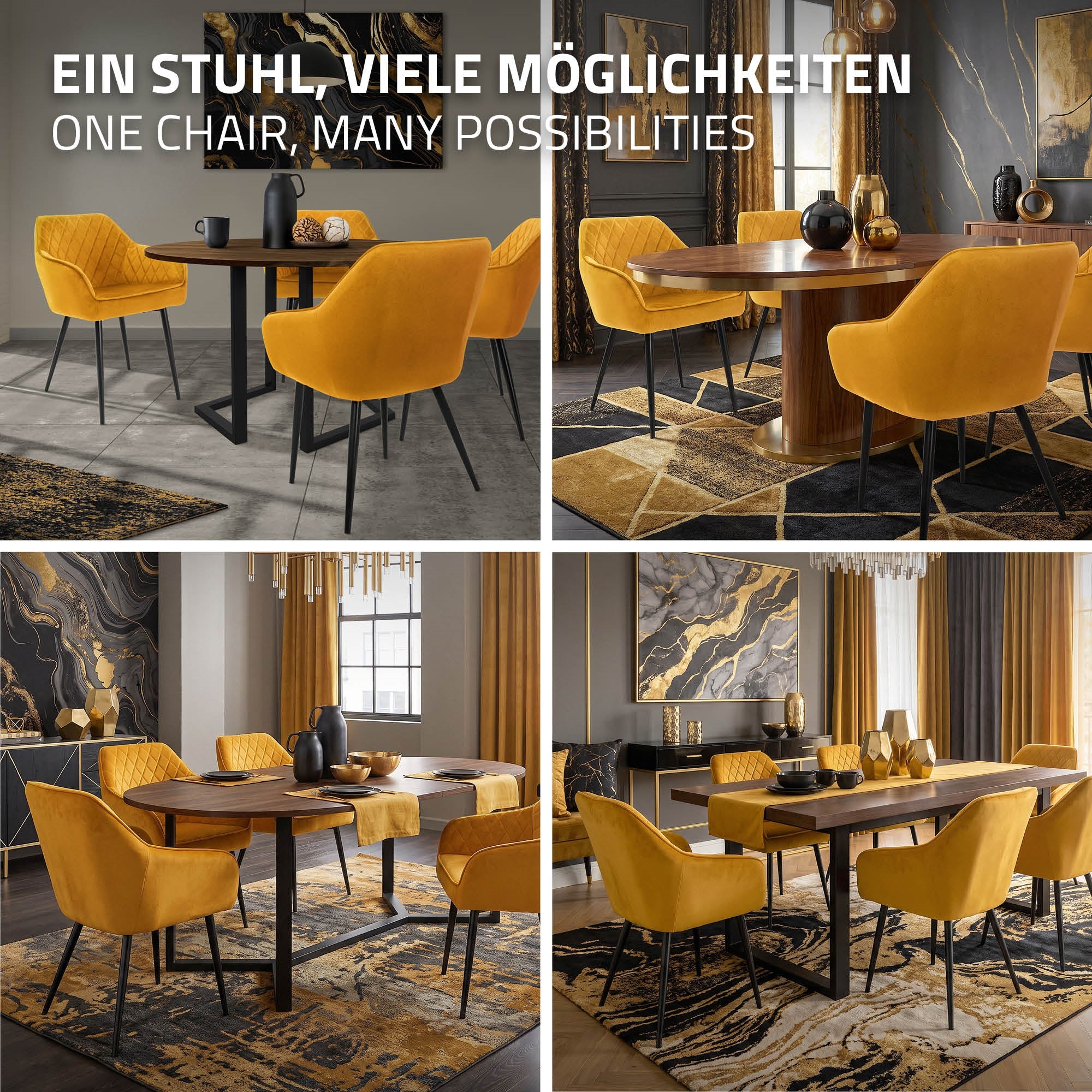 Forskellige udsigter af en gul stol i et elegant spisestue.