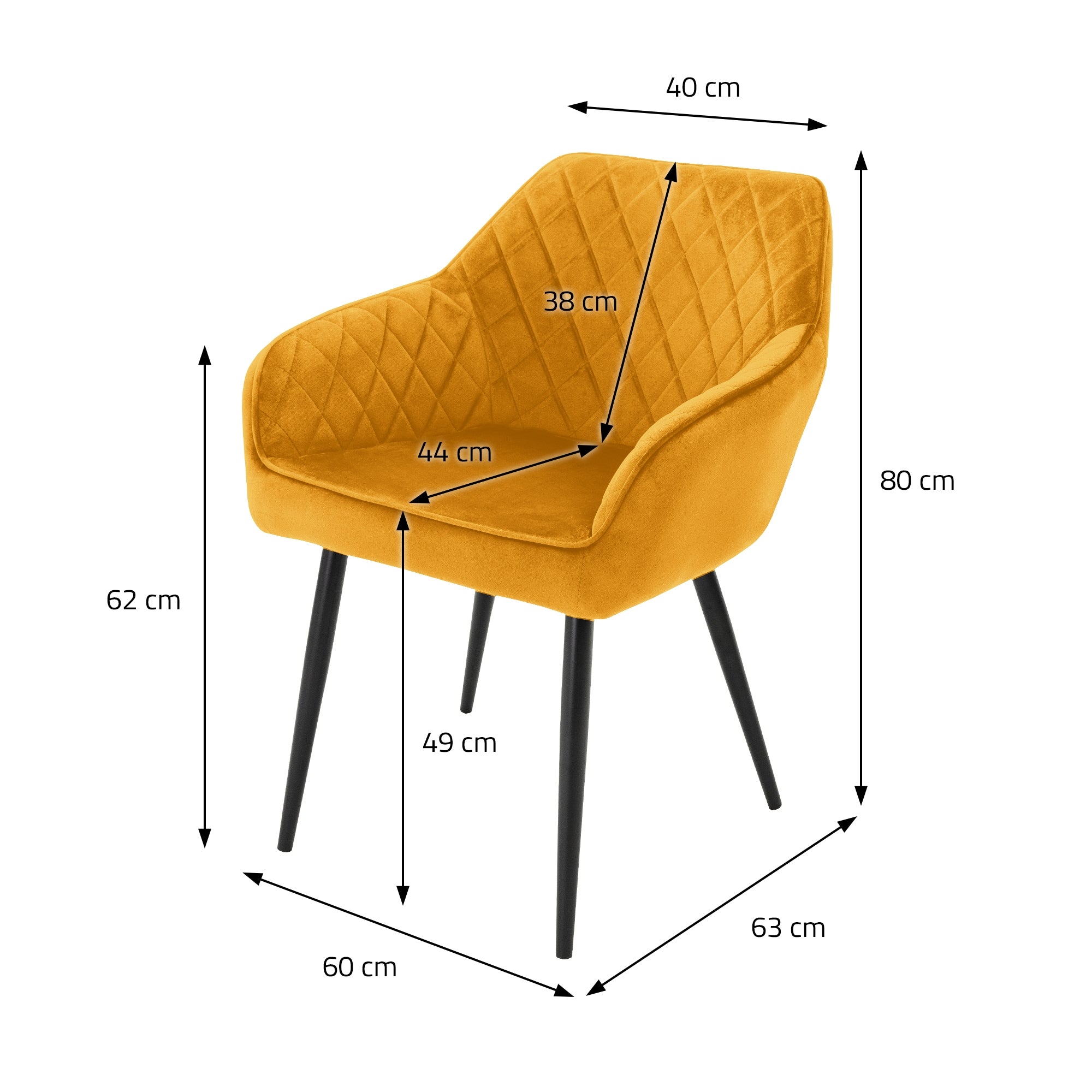 Gul stol med mål: 80 cm høj, 40 cm bred, 62 cm dyb.