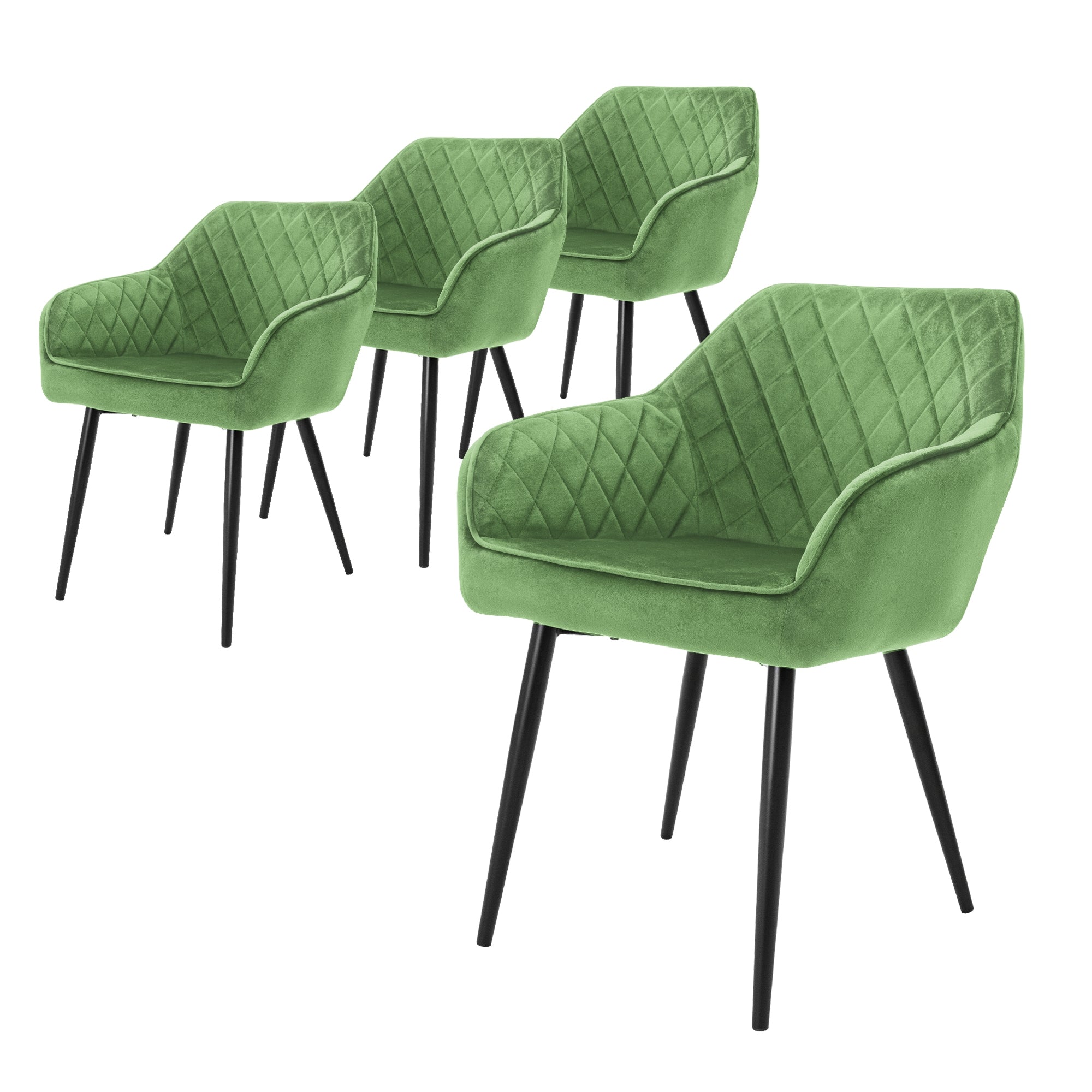 Vier groene stoelen met zwart frame, in een rij geplaatst.