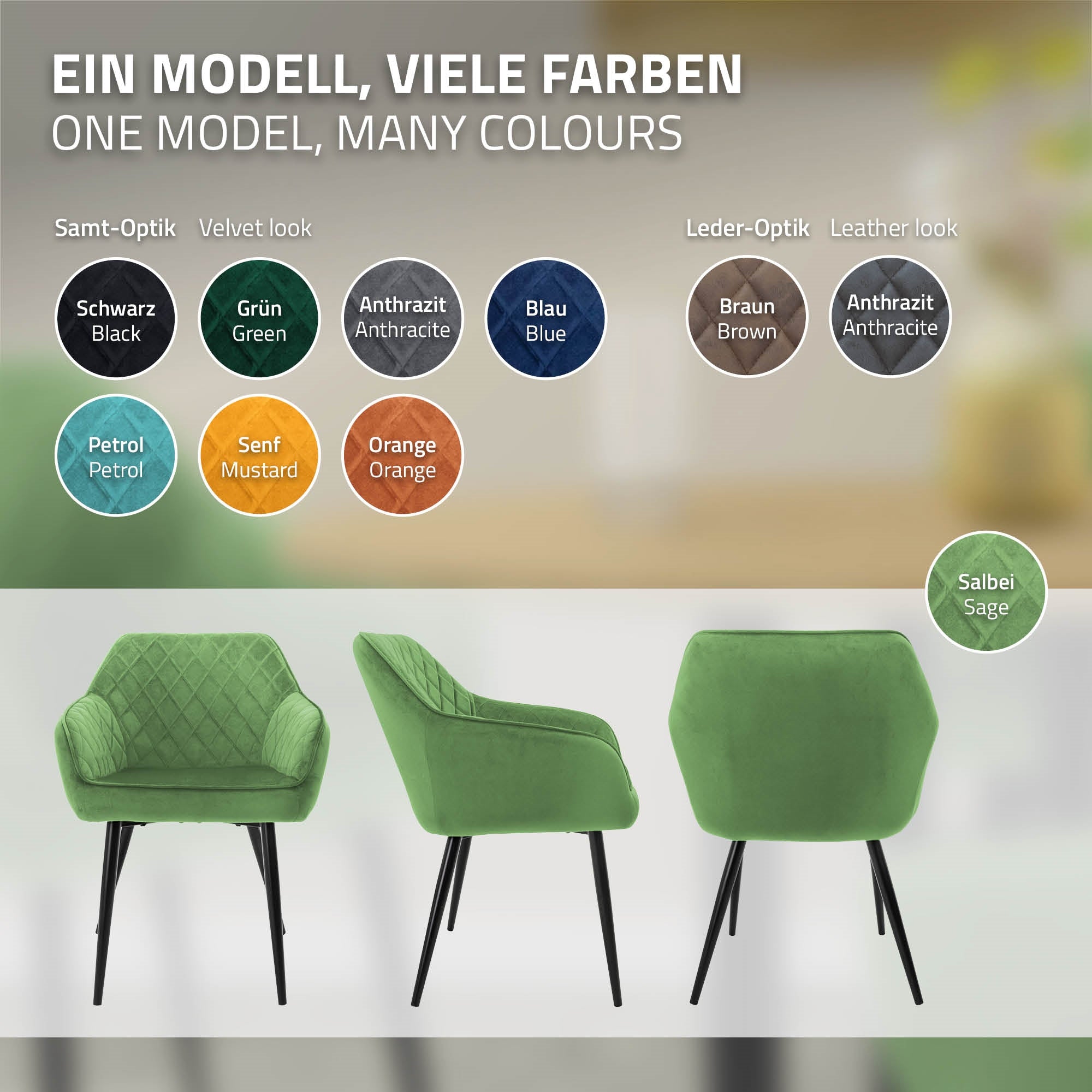 Groene fauteuil met verschillende kleur opties op een lichte achtergrond.