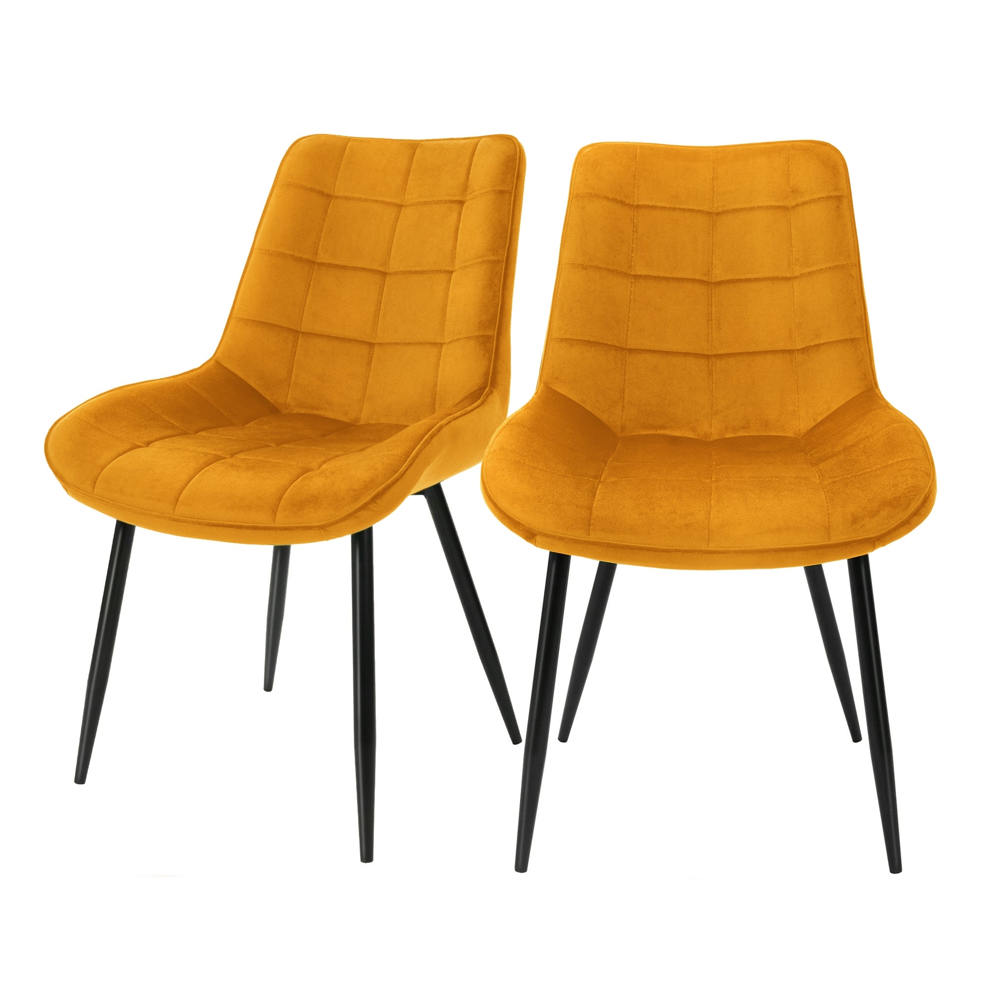 Deux chaises orange avec sièges rembourrés, pieds noirs.