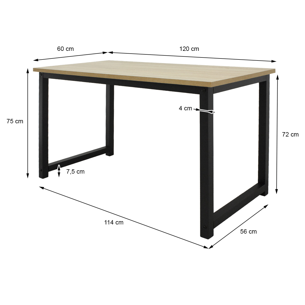Mesa de madera con medidas: 120 cm x 60 cm x 75 cm, patas de metal negro.