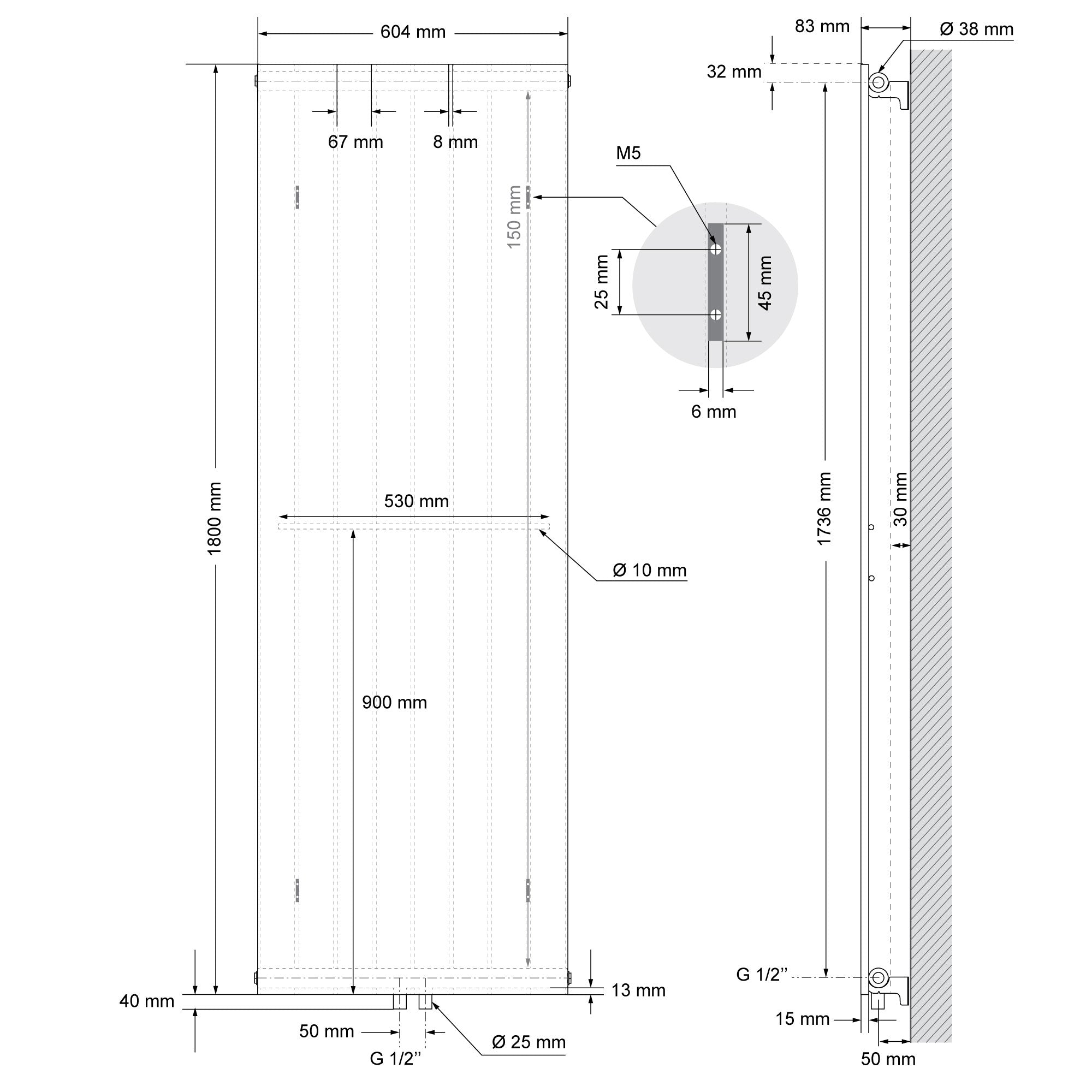 Technische tekening van een radiator met afmetingen en details.