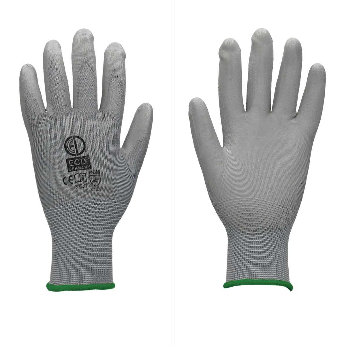Gray mechanic's glove with green cuff, front view.