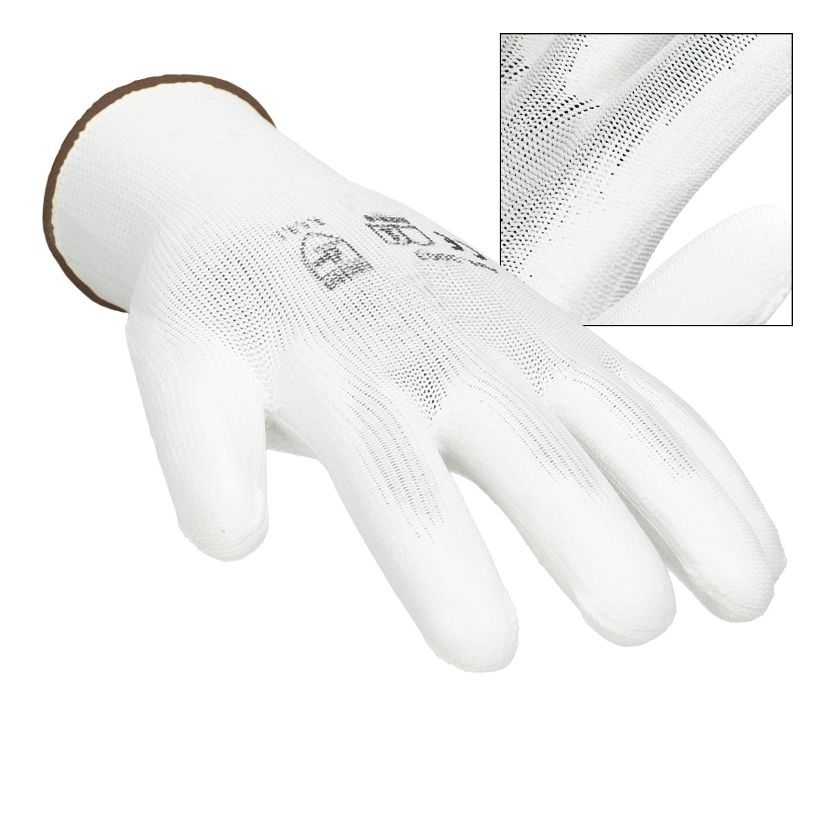Weißer Mechanikerhandschuh in L mit braunem Bündchen.