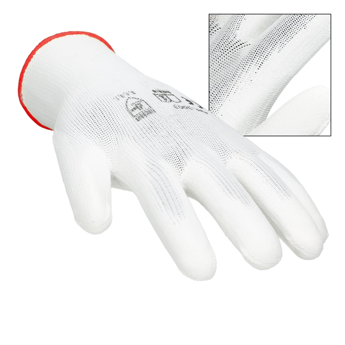 Weißer Mechanikerhandschuh in Größe S, mit rotem Bündchen.
