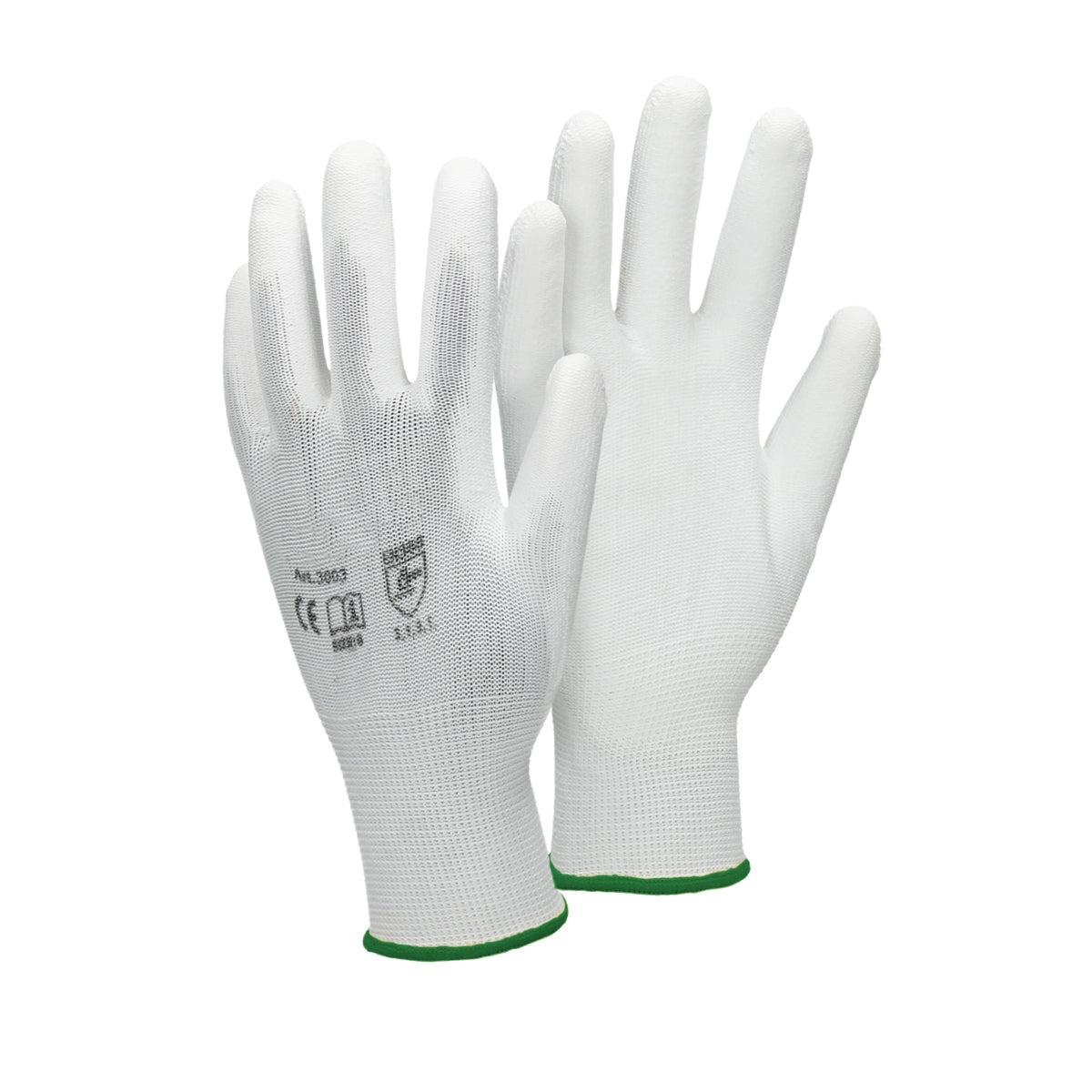 Zwei weiße Mechanikerhandschuhe mit grünem Bund, Größe XXL.