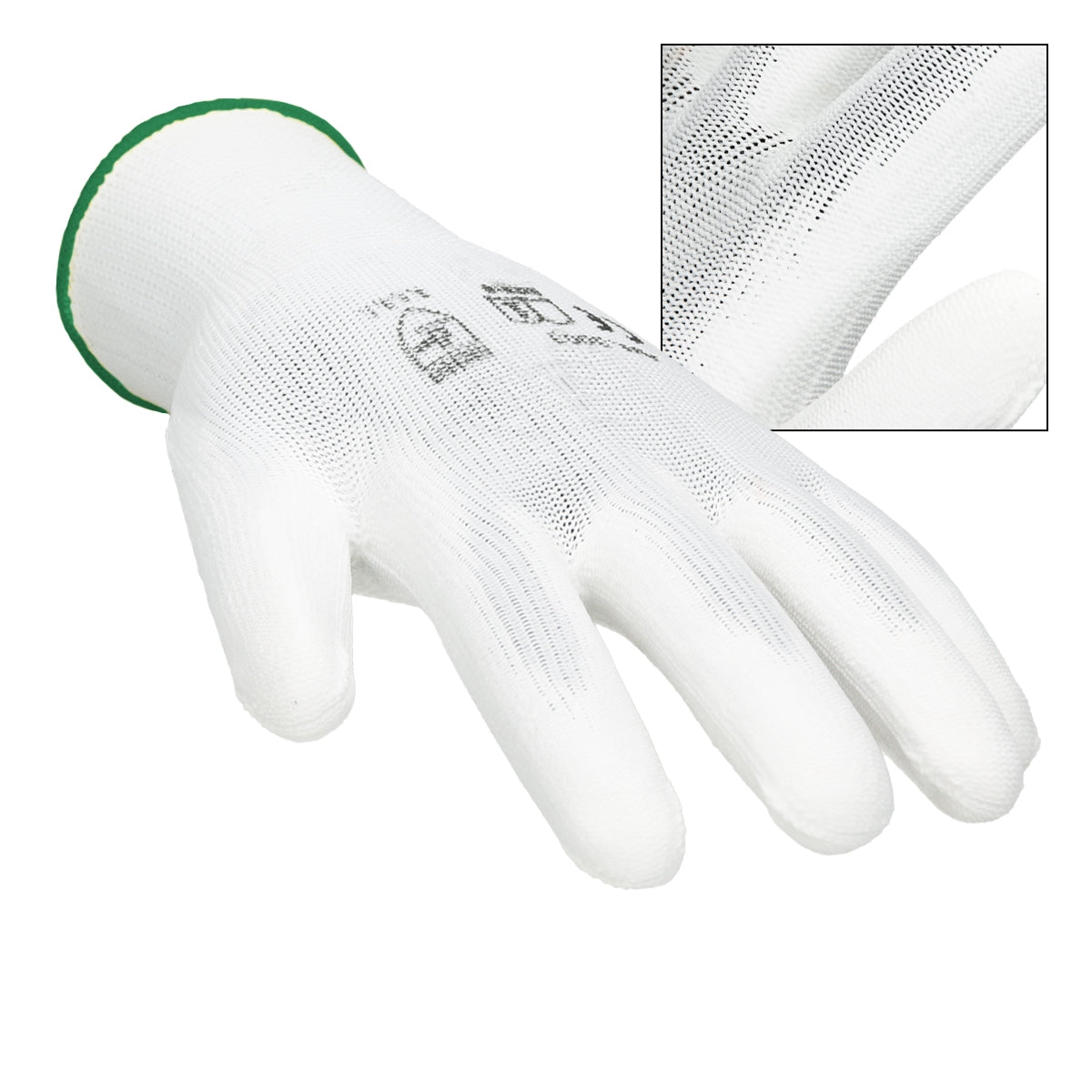 Weißer Mechanikerhandschuh in XXL mit grünem Bündchen.