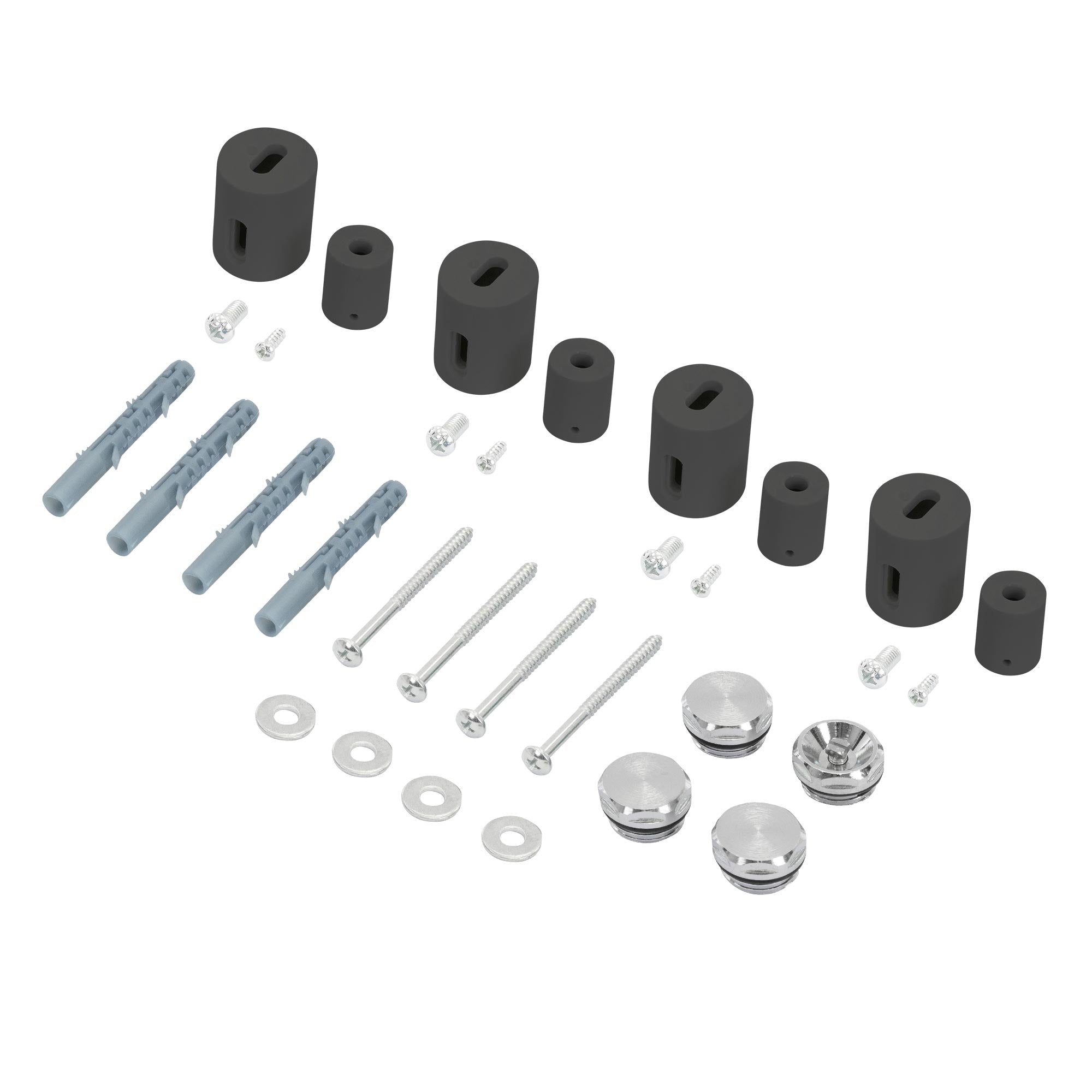 Set di montaggio in antracite con diversi supporti e viti.