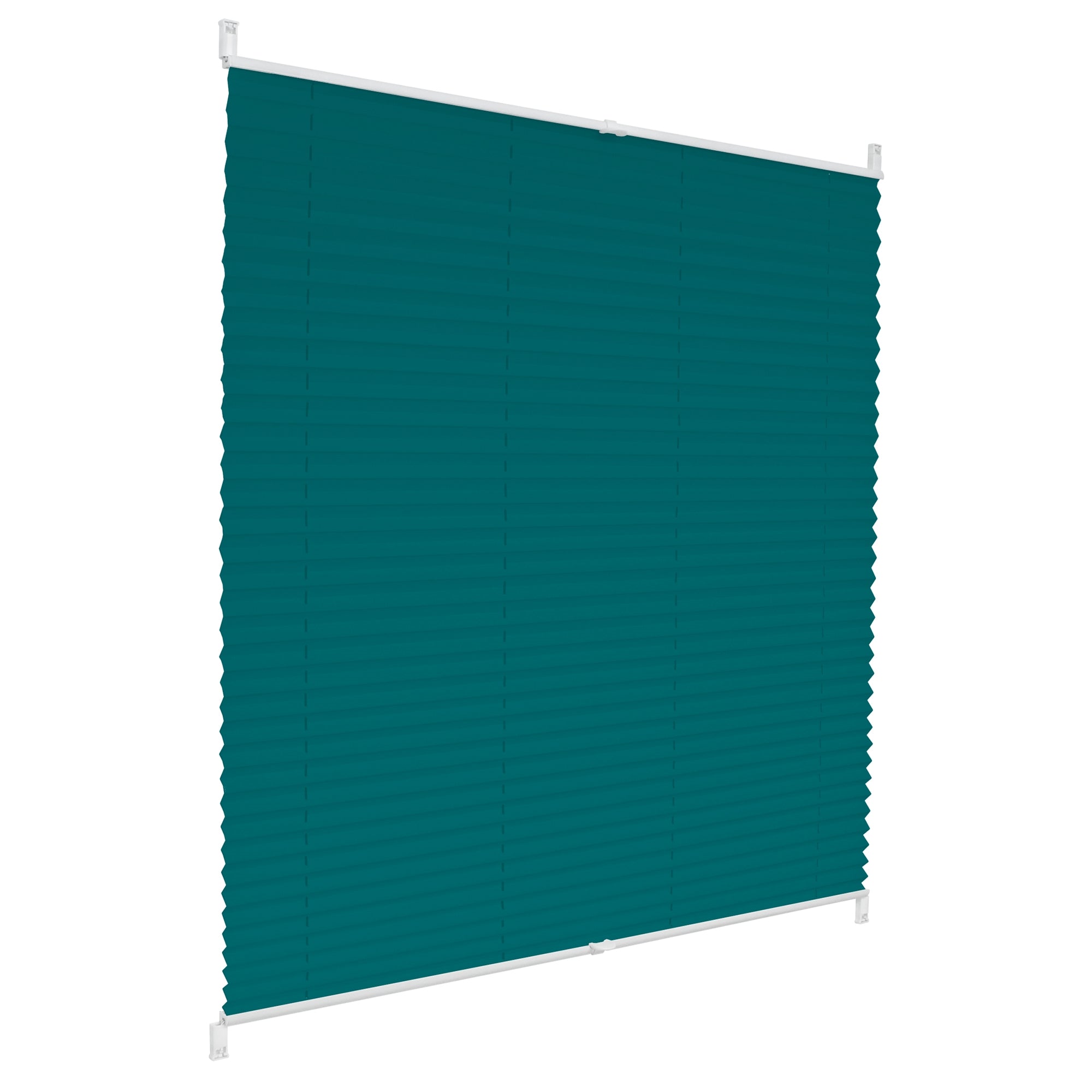 Teal pleated blind at a window.