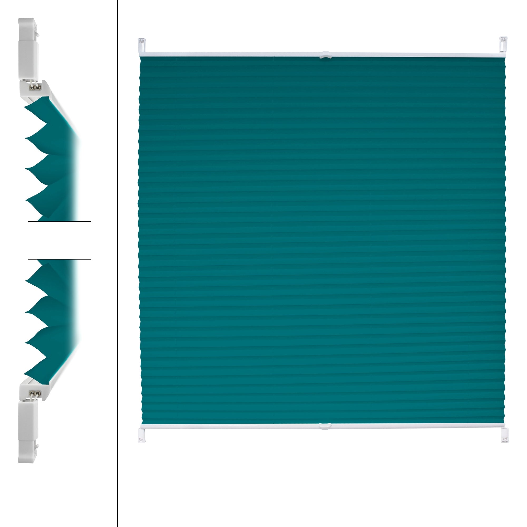 Teal pleated blind with fold structure and mounting profile.