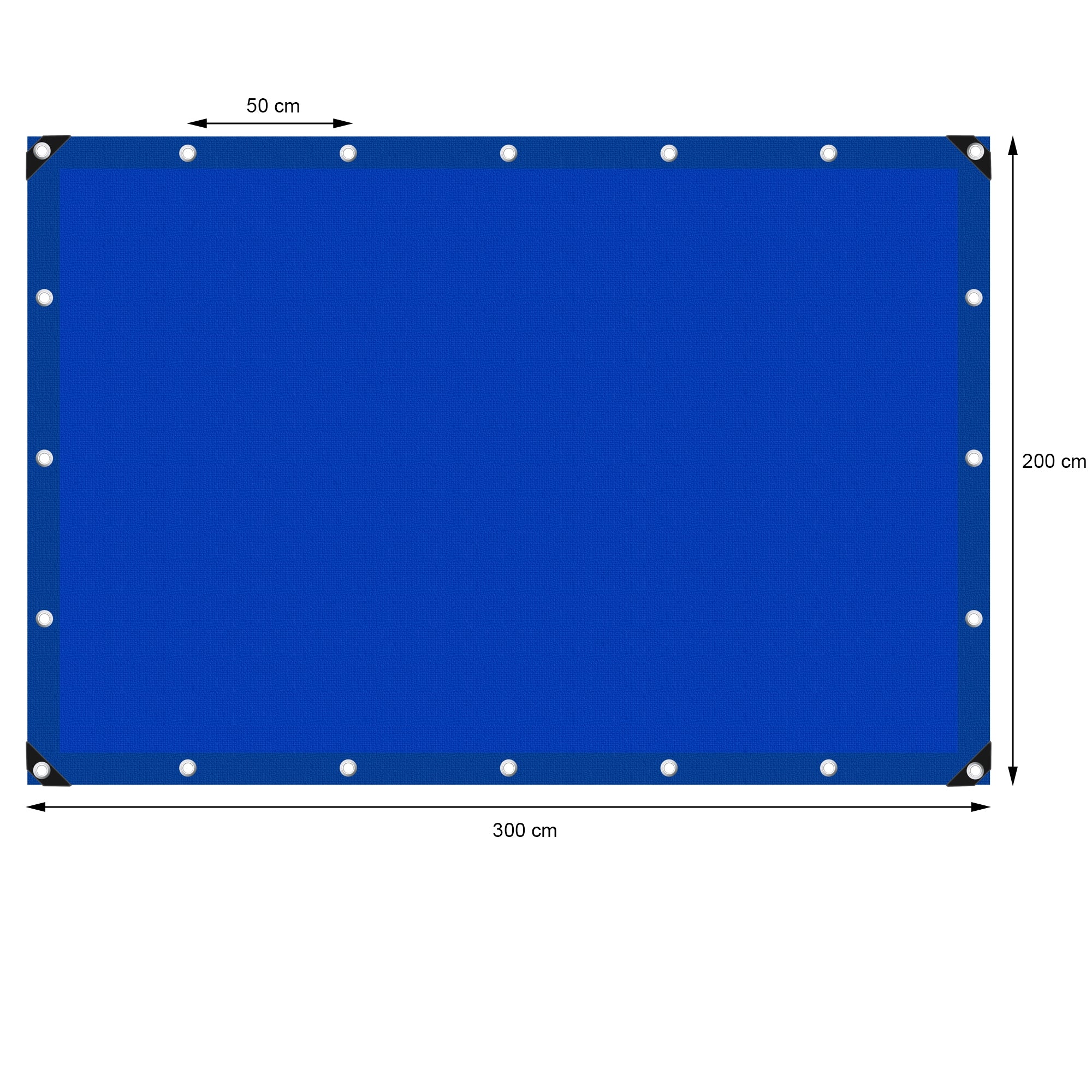 Blauwe zeil met afmetingen 300 cm x 200 cm en ogen in de hoeken.