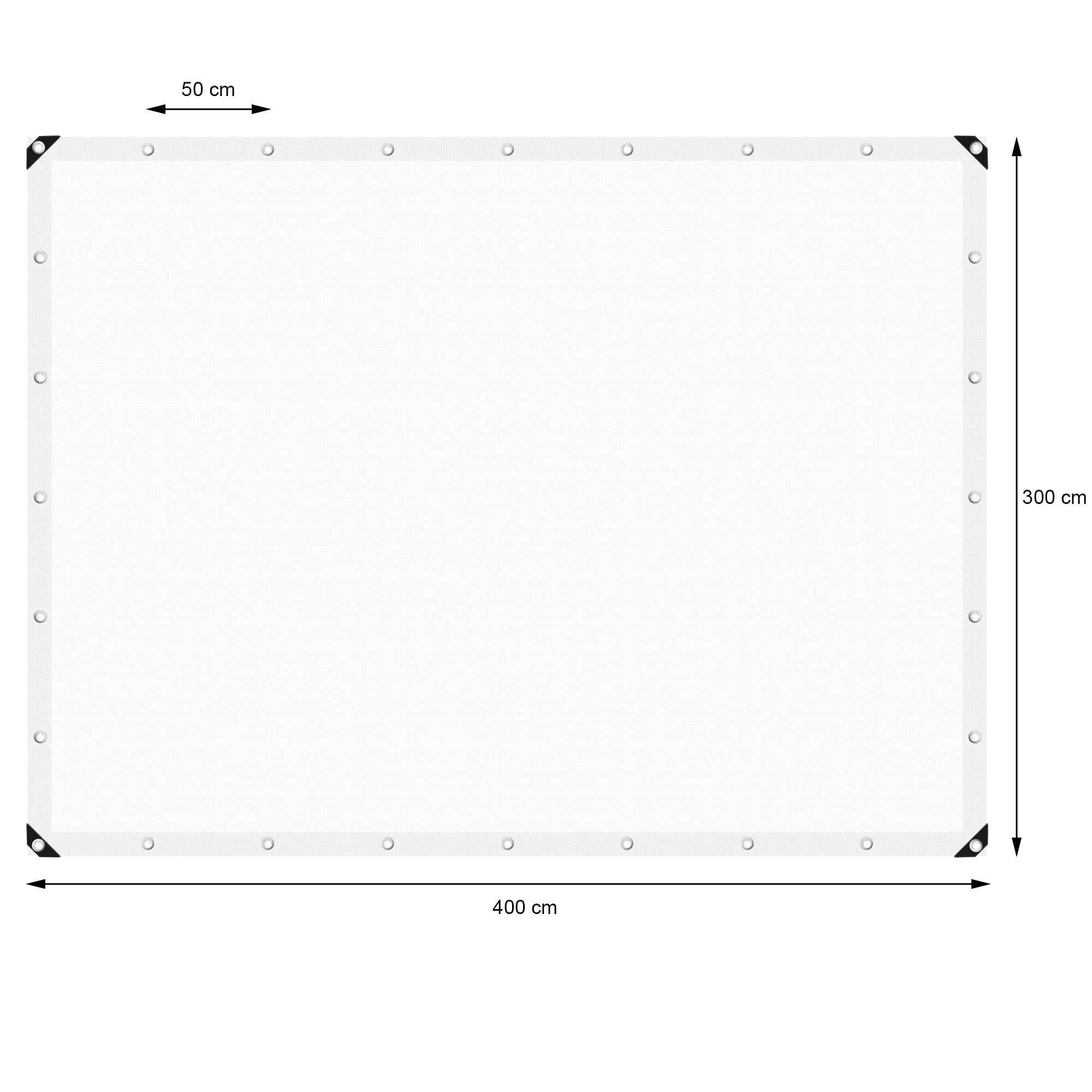 Weiße Plane mit Maßen 400 cm x 300 cm, mit Ösen an den Ecken.