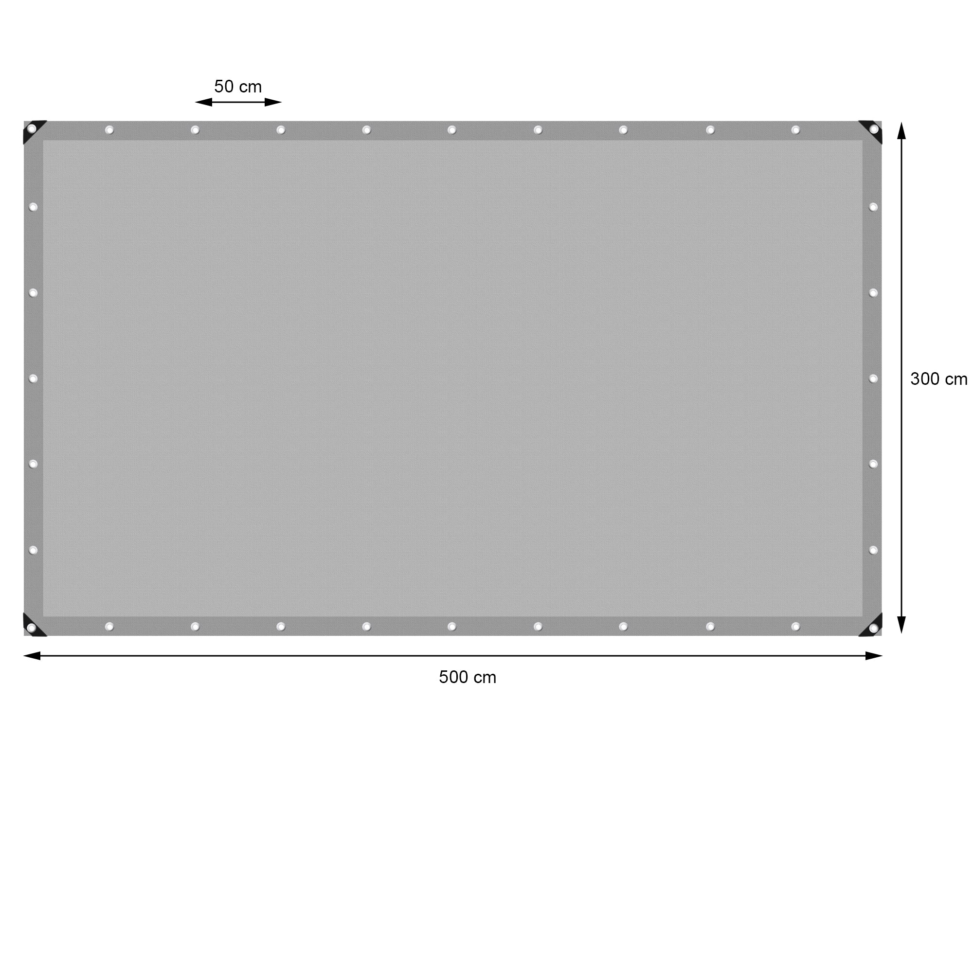 Telo grigio rettangolare con dimensioni 500 cm x 300 cm.