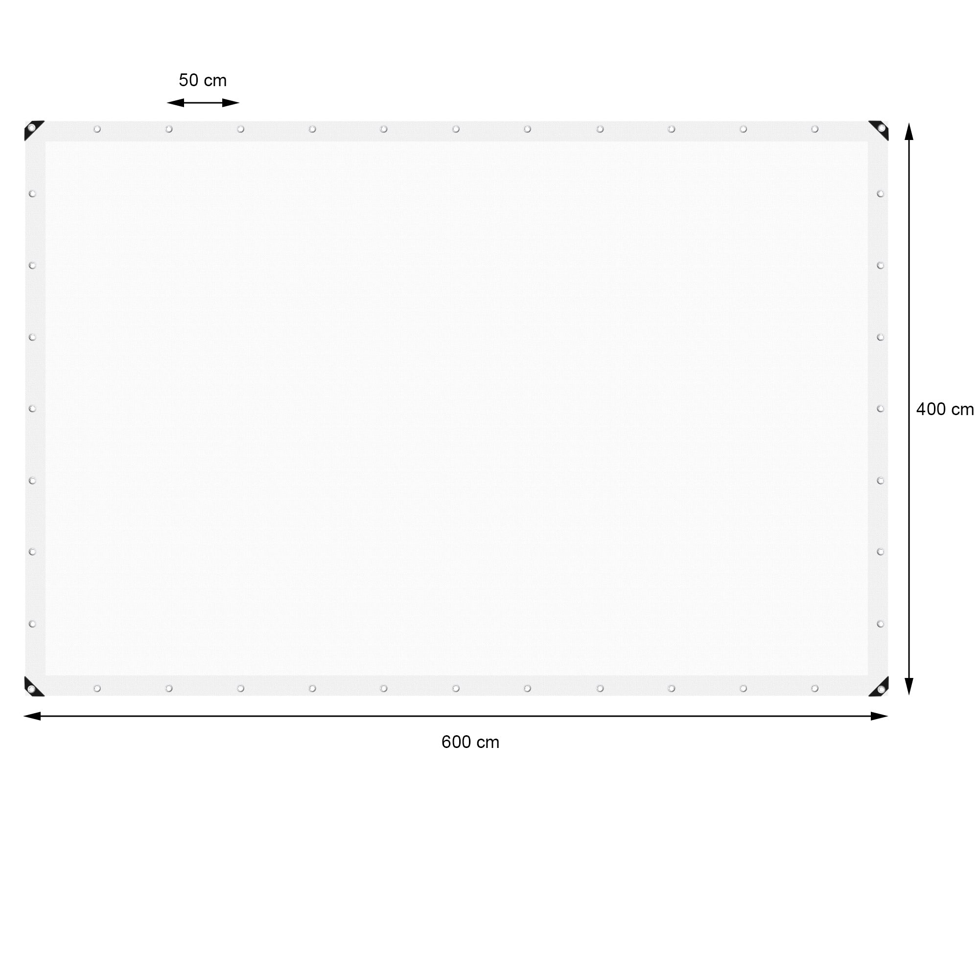 Weiße Plane mit Maßen 600 cm x 400 cm, mit Ösen an den Ecken.