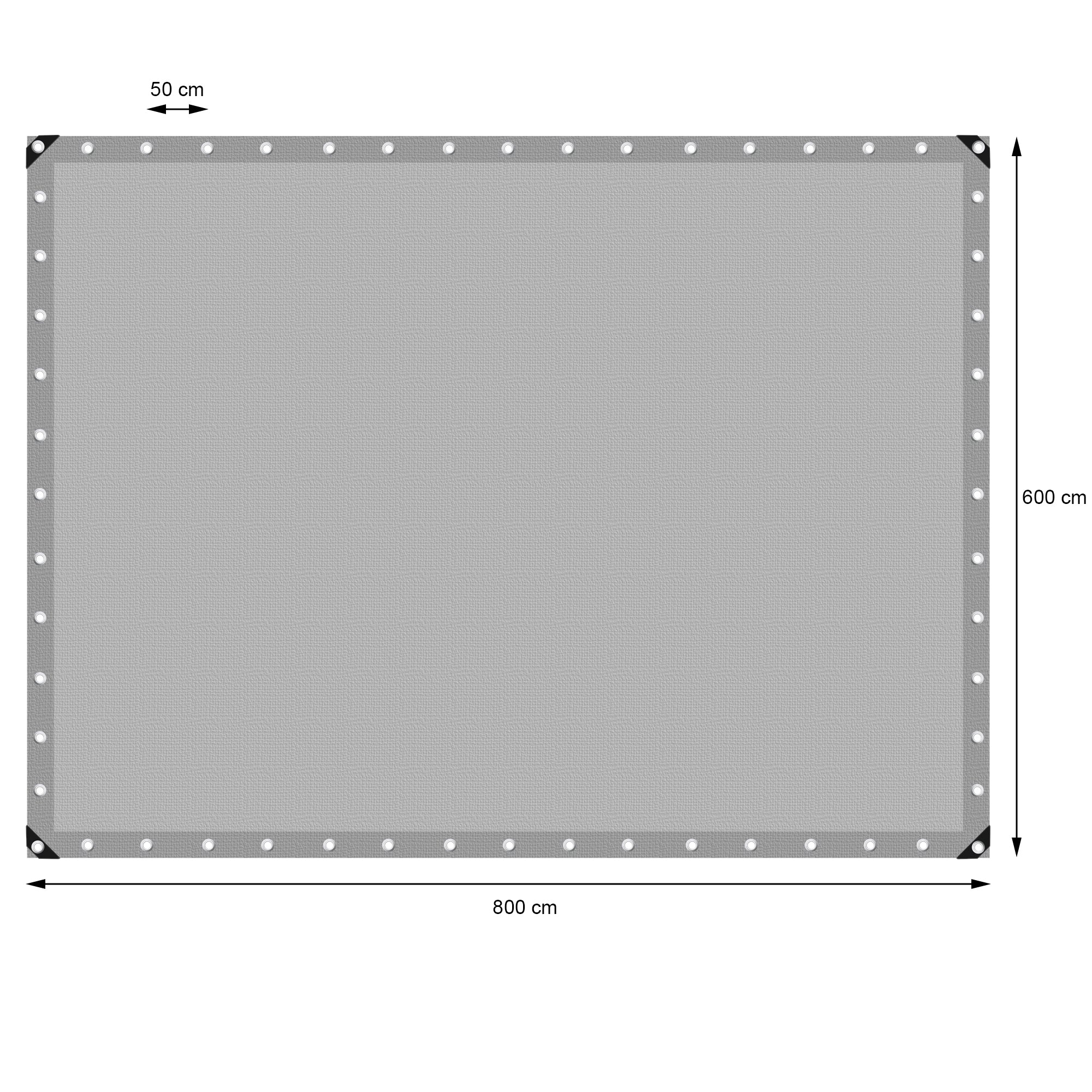 Telo grigio rettangolare con dimensioni 800 cm x 600 cm.