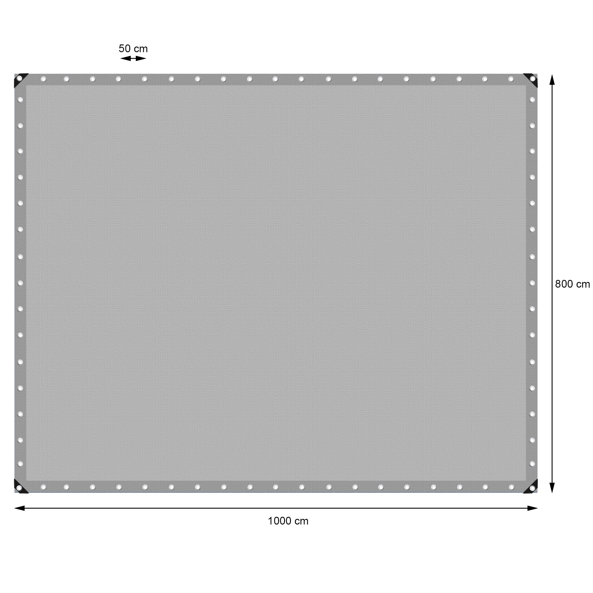 Grå, rektangulær presenning med målene 1000 cm x 800 cm.