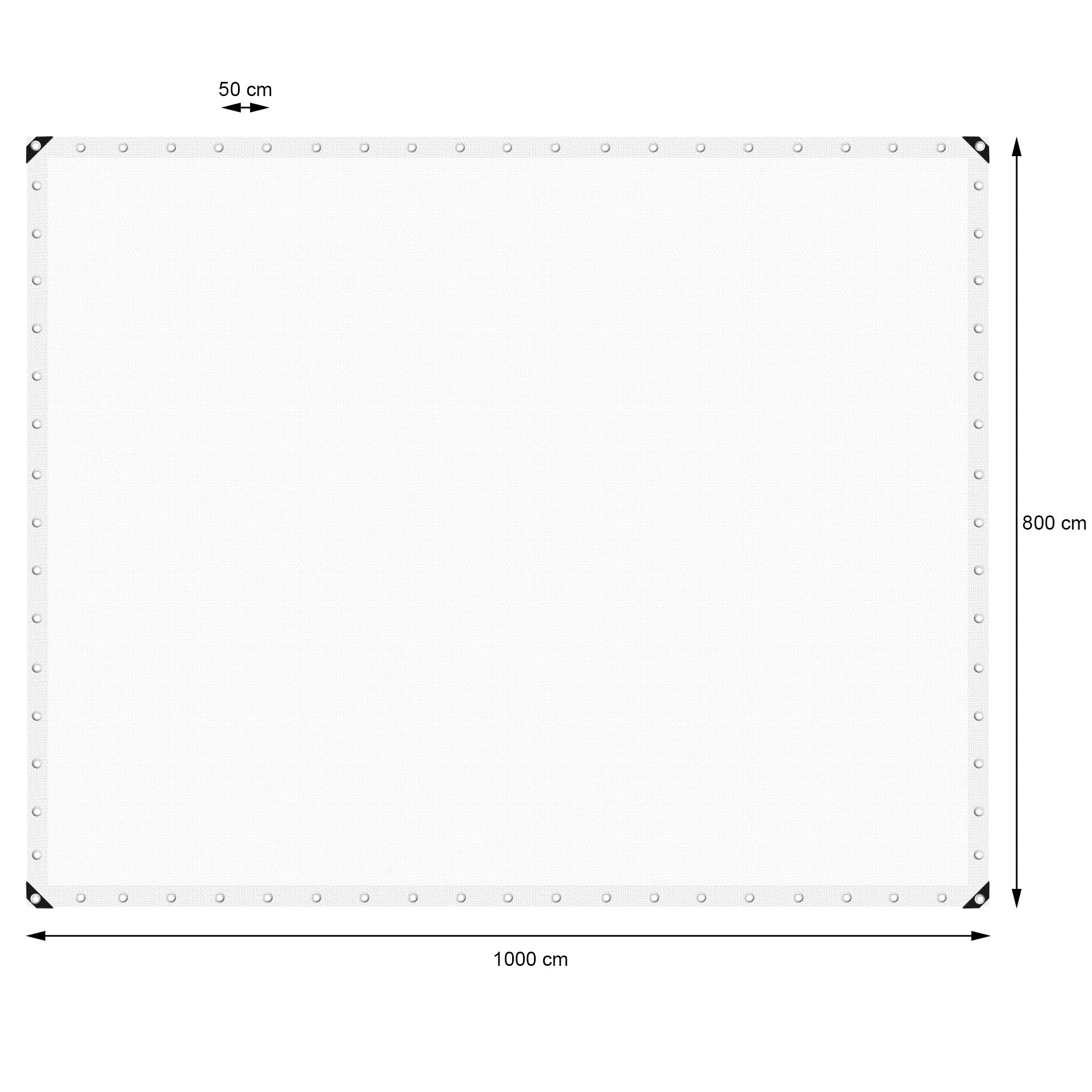 Bâche blanche mesurant 1000 cm x 800 cm, avec des œillets sur les bords.
