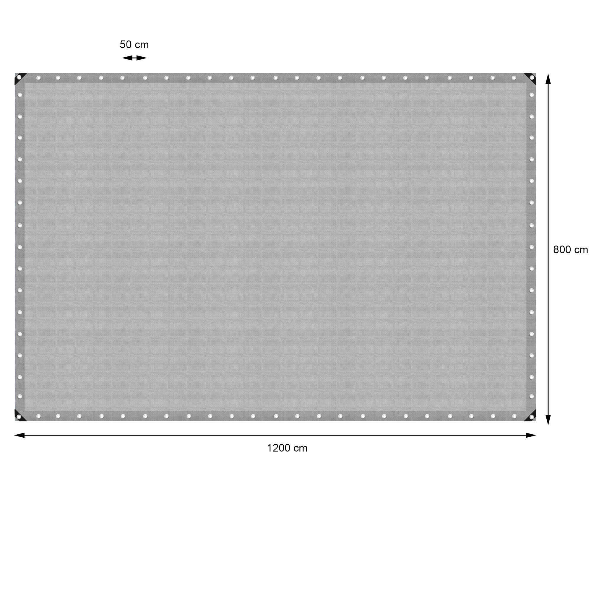 Graue, rechteckige Plane mit Maßen 1200 cm x 800 cm.