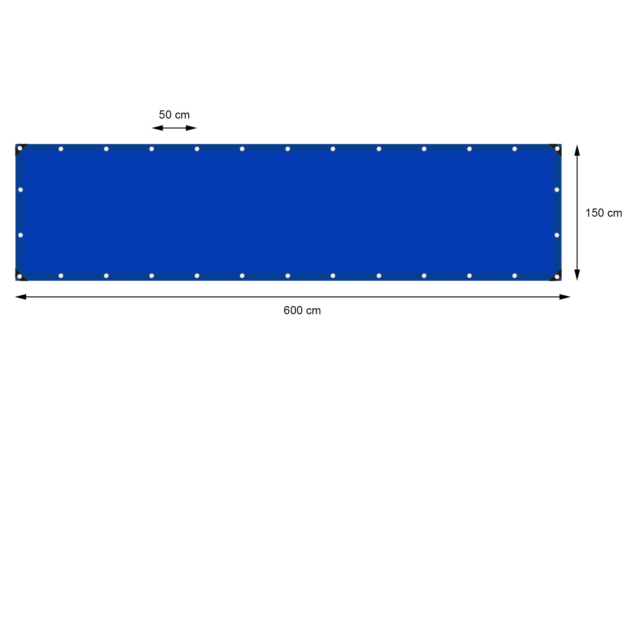Lona azul con medidas de 600 cm x 150 cm y ojales en los bordes.